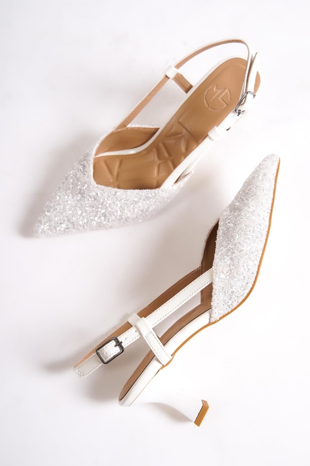 Modabuymus Paris S Beyaz Cam Kırığı Arkası Açık Stiletto Kısa Topuklu Abiye Ayakkabı
