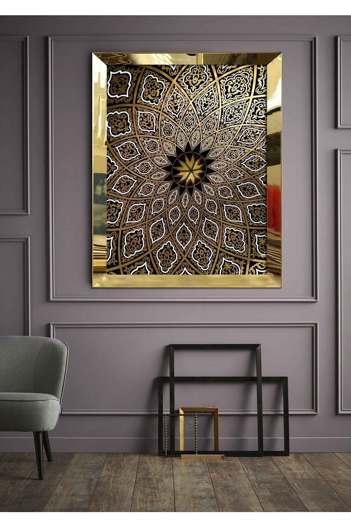 tablom burada Büyük Boy - Parlak Beyaz Detaylı - Gold Hat Sanatı - İslamî Hat - Kalın Pleksi Ayna Çerçeveli Tablo