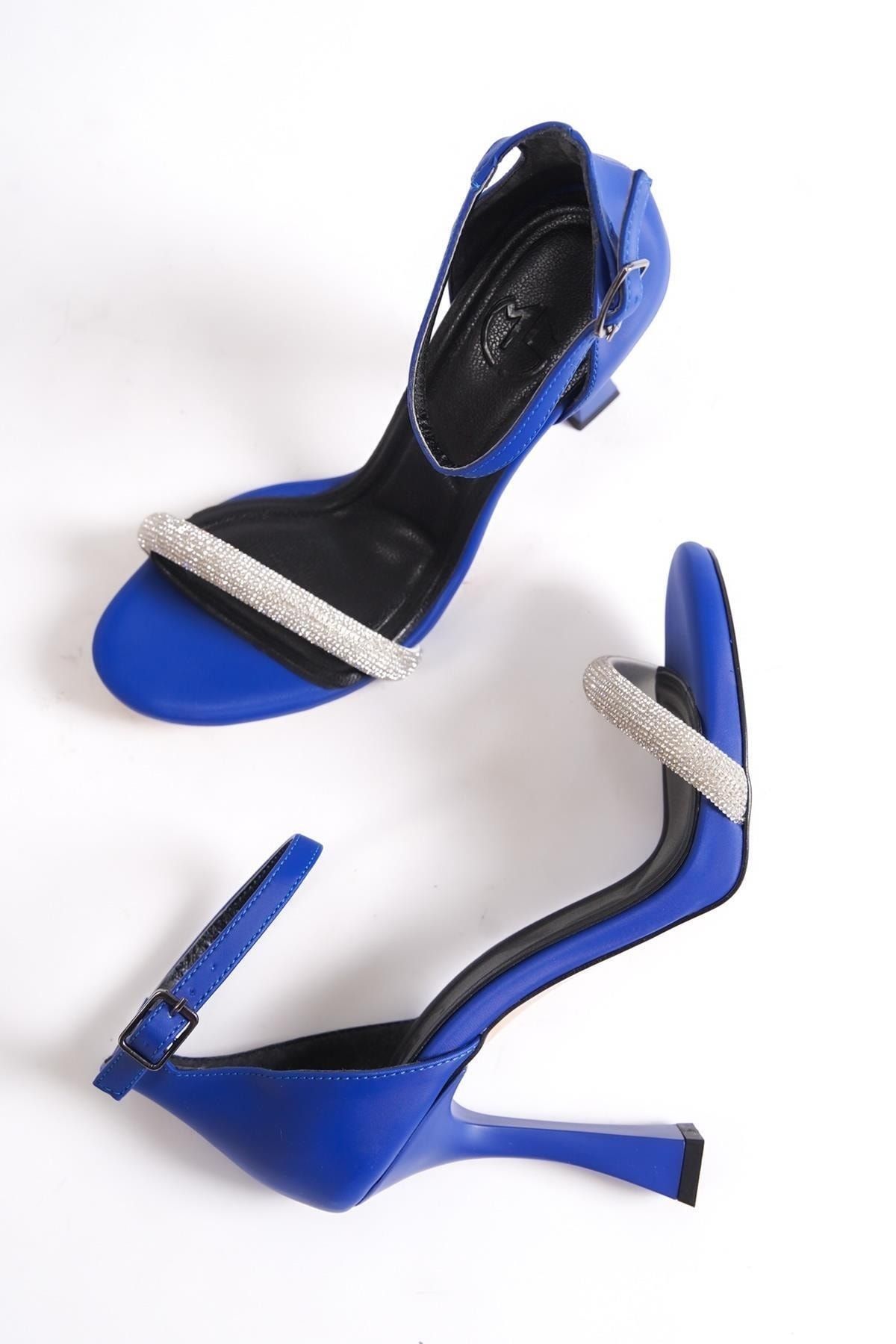 Modabuymus Yuffy Sax Mavi Tek Bant Taşlı Platform Kadeh Topuklu Abiye Ayakkabı