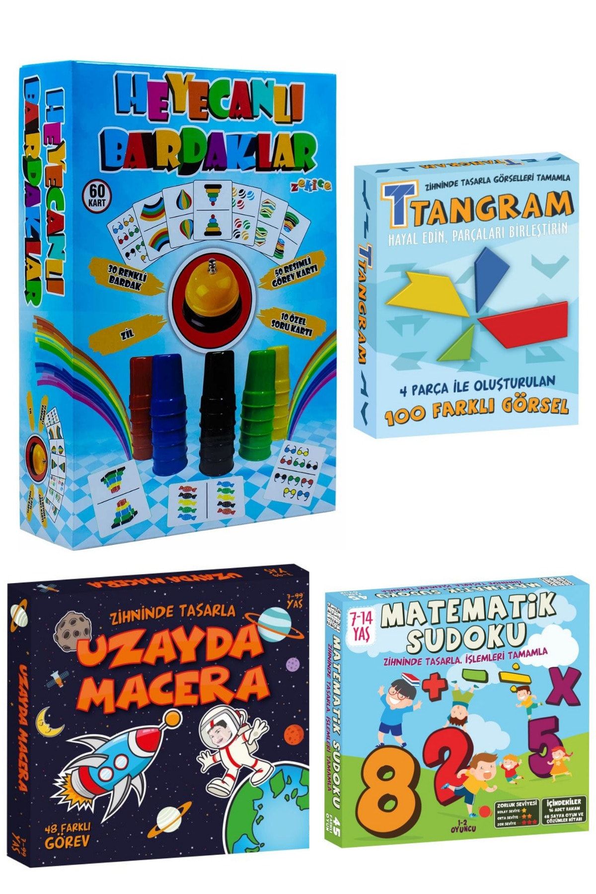 Oyun ve Sanat Ilkokul Tatil Seti - Akıl Zeka Oyunları Seti 2 - Bardak Oyunu, Uzayda Macera, Tangram, Matem. Sudoku