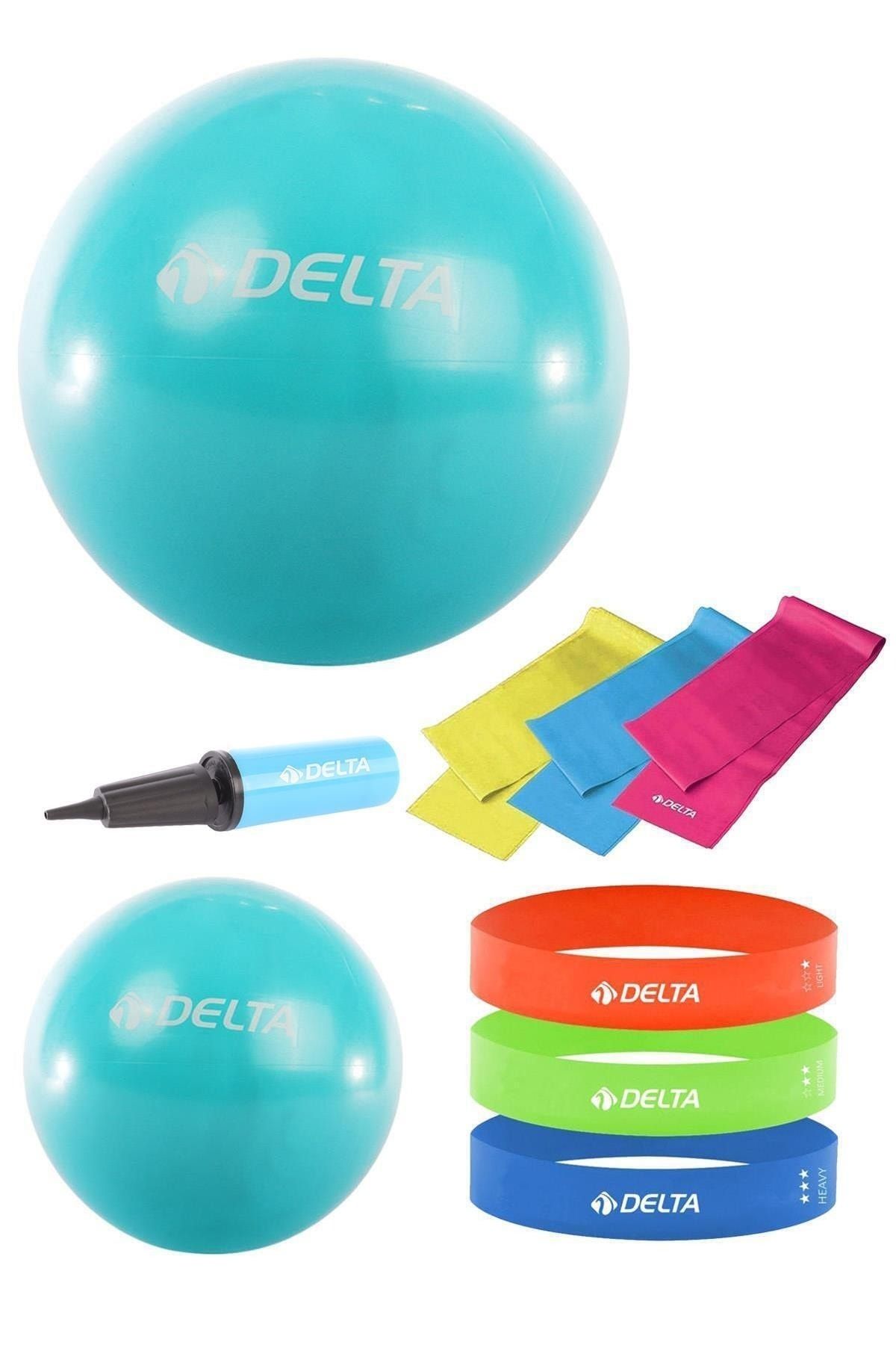 Delta 65-25 cm Pilates Topu 3'lü Pilates Bandı 3'lü Squat Bandı Direnç Lastiği Şişirme Pompası Seti
