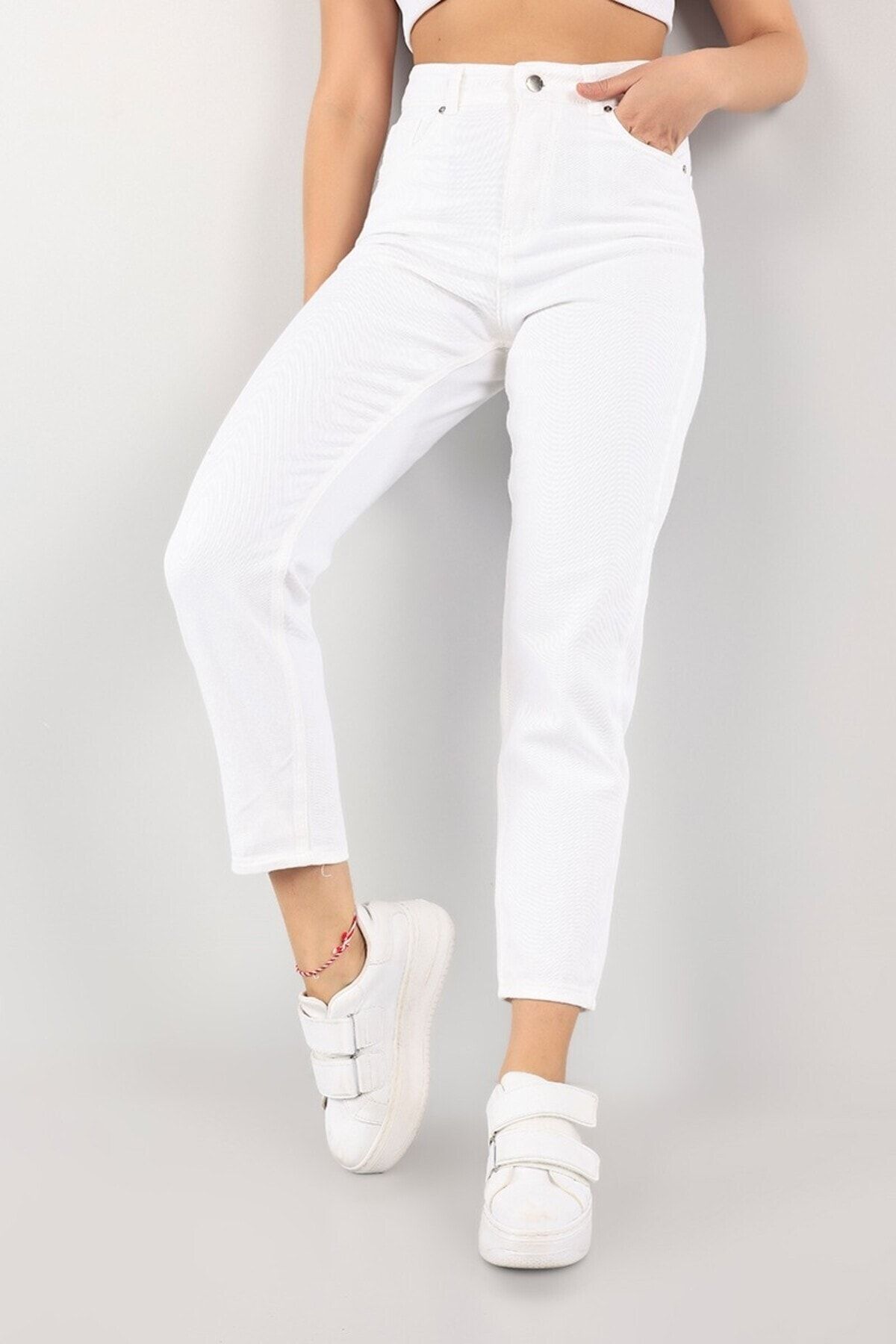 LİMABEL Yüksek Bel Likralı Beyaz Mom Jeans Esnek Kot Pantolon