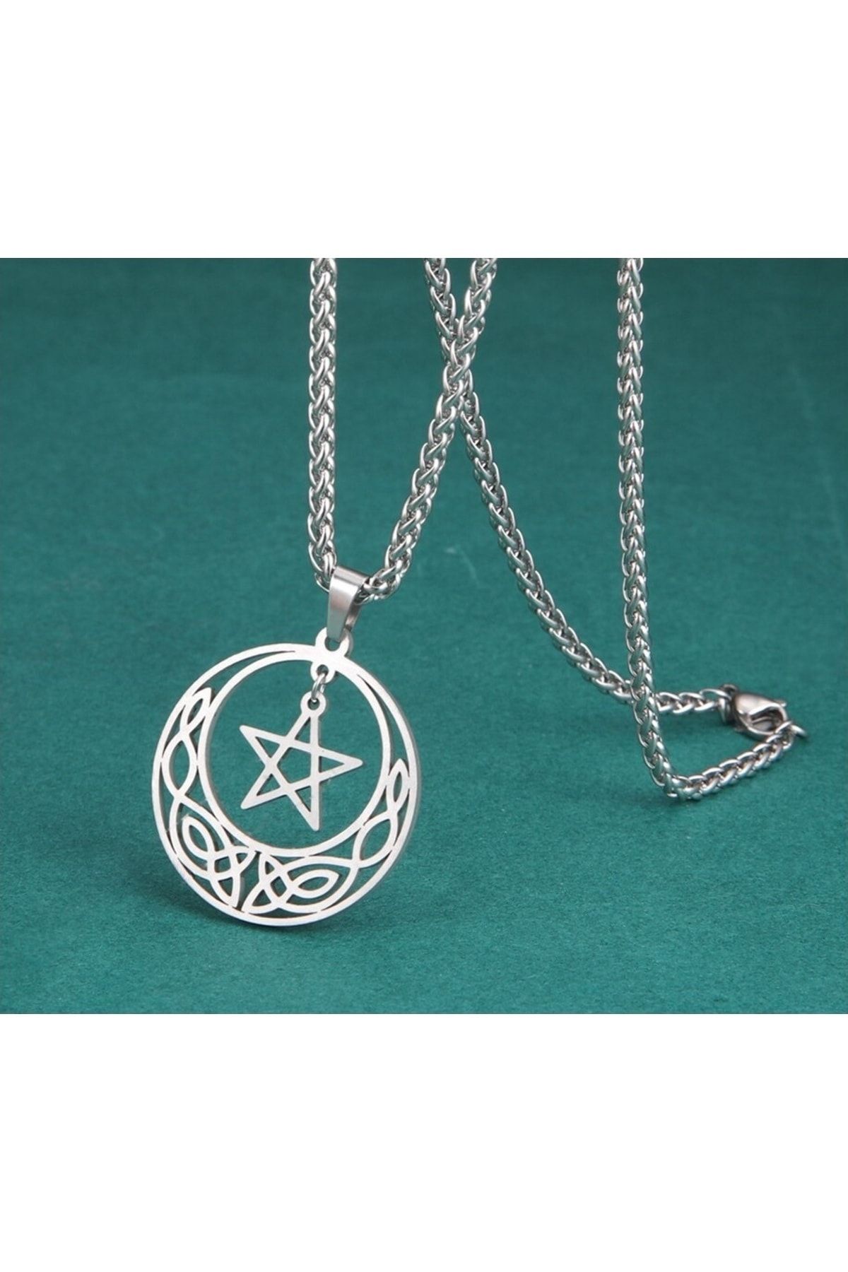 Viking Pentagram & Moon Gotik İskandinav Nordik Desenli Örgü Zincir Witchcraft Çelik Kolye