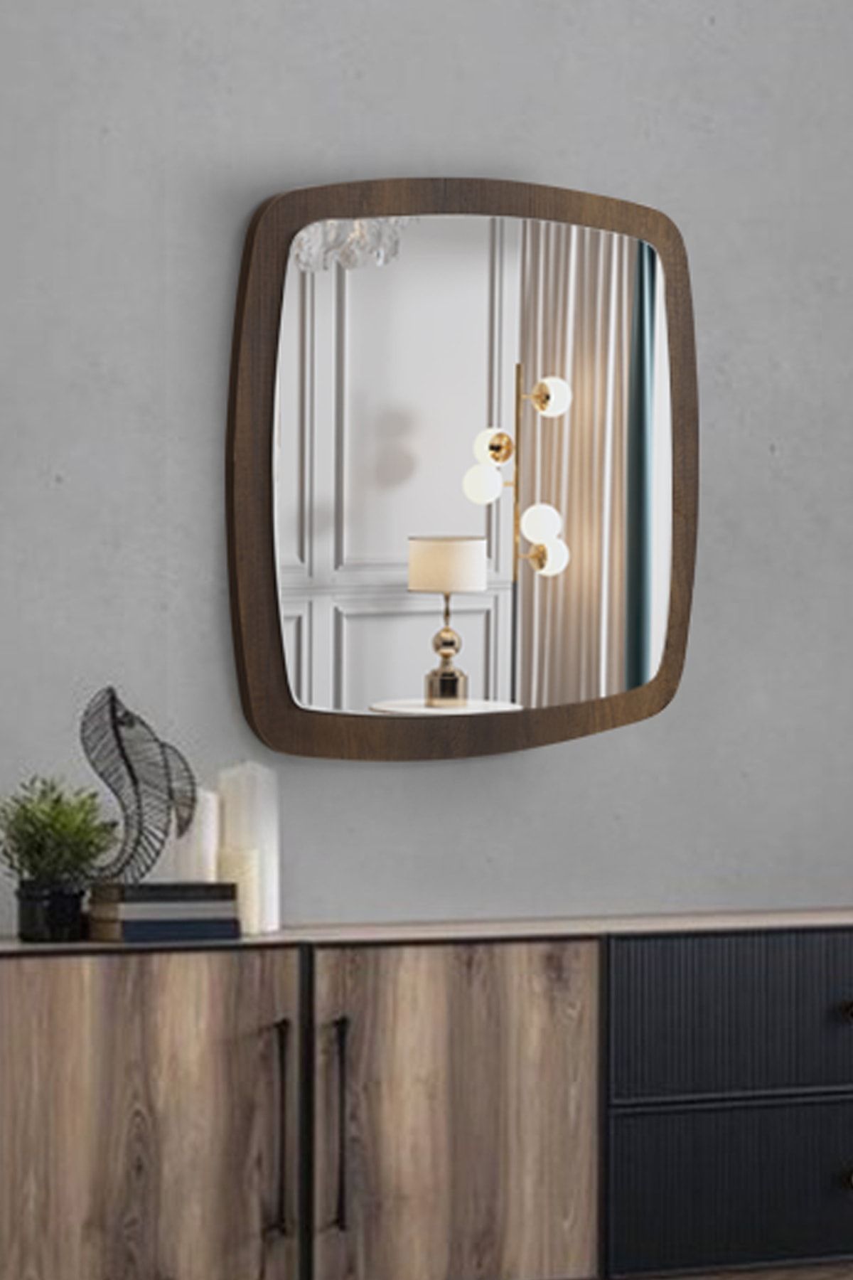 FAYMEND Ceviz Dekoratif Antre Hol Koridor Duvar Salon Mutfak Banyo Wc Ofis Aynası 45cm