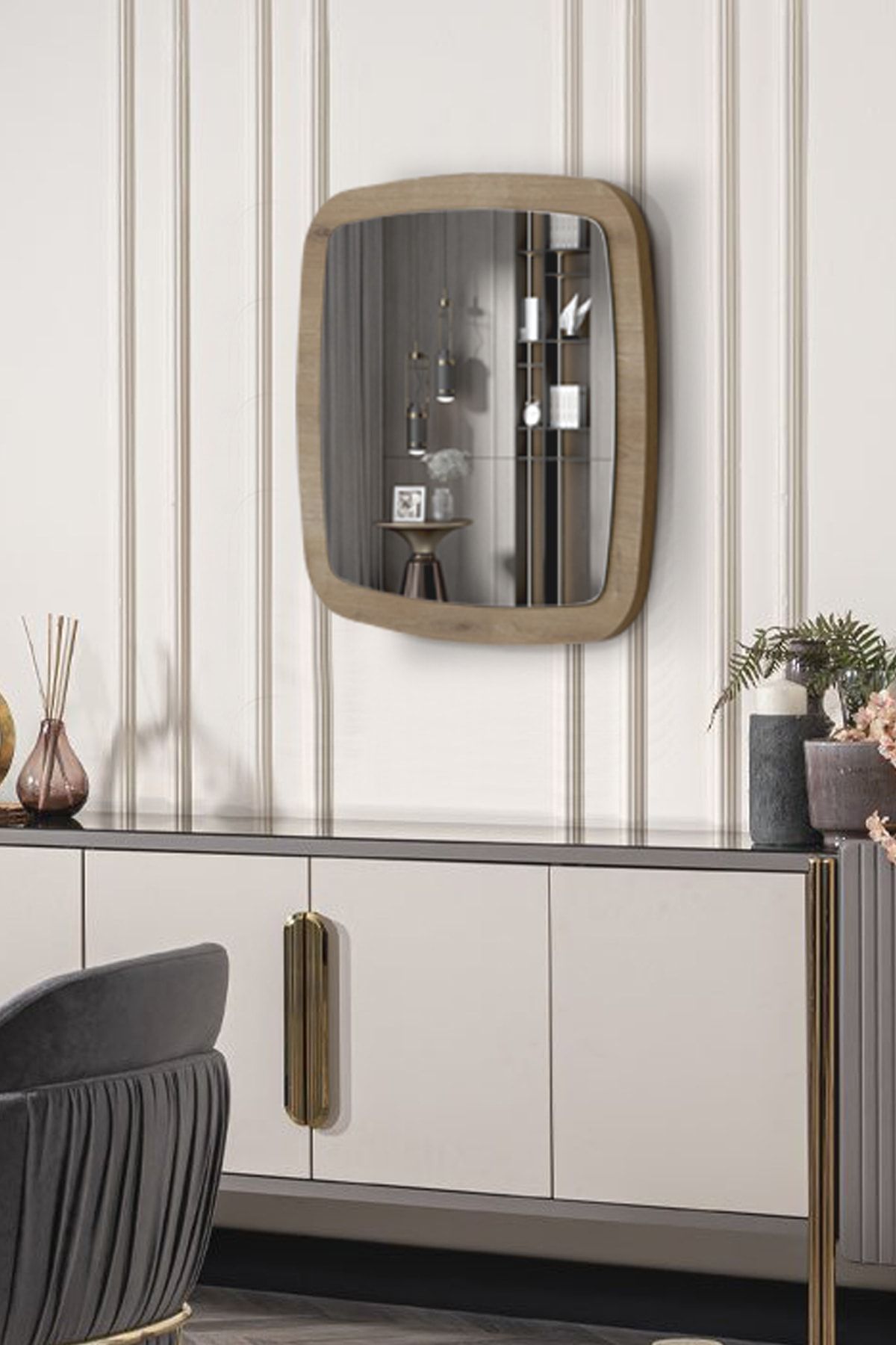 FAYMEND Rivoli Ahşap Dekoratif Antre Hol Koridor Duvar Salon Mutfak Banyo Wc Ofis Aynası 60 Cm
