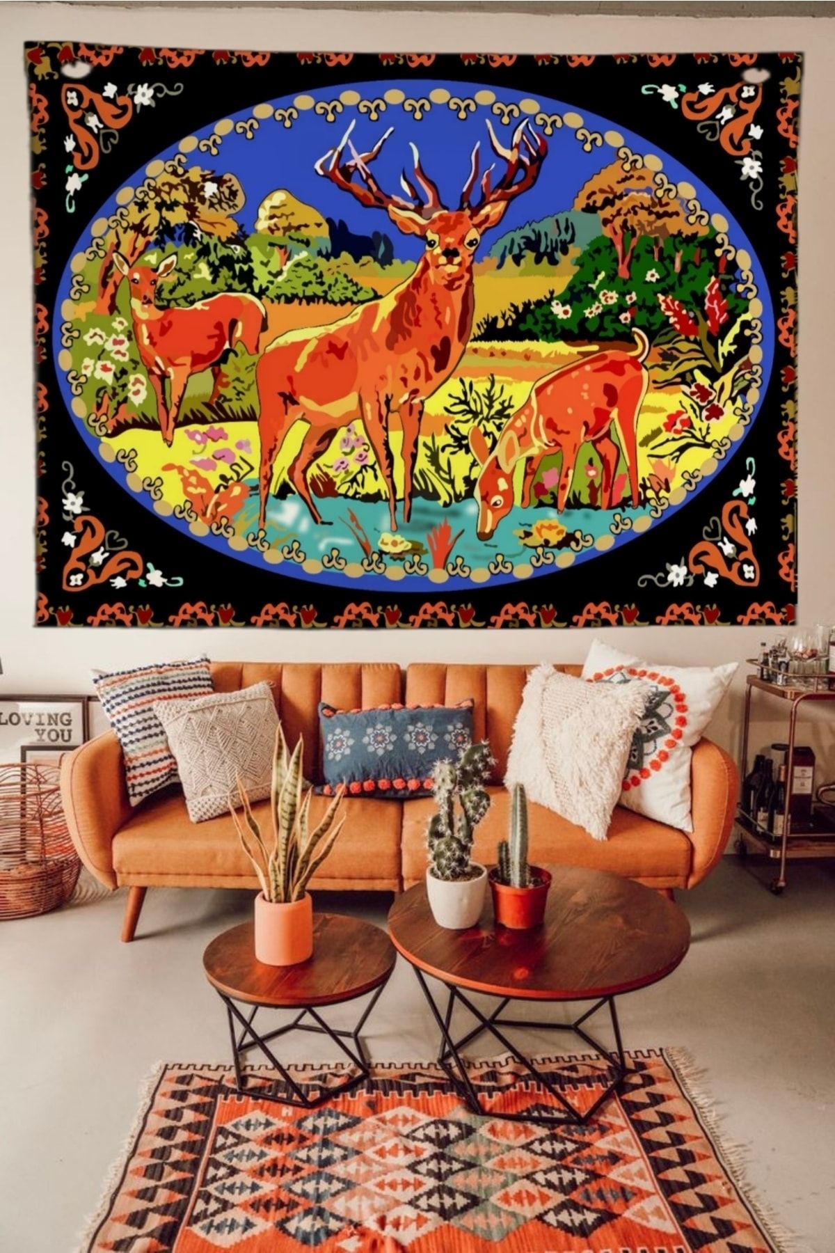 ALAMODECOR Doğa Tasvirli Geyik Motifli Etnik Model Duvar Halısı | Duvar Örtüsü | Tapestry