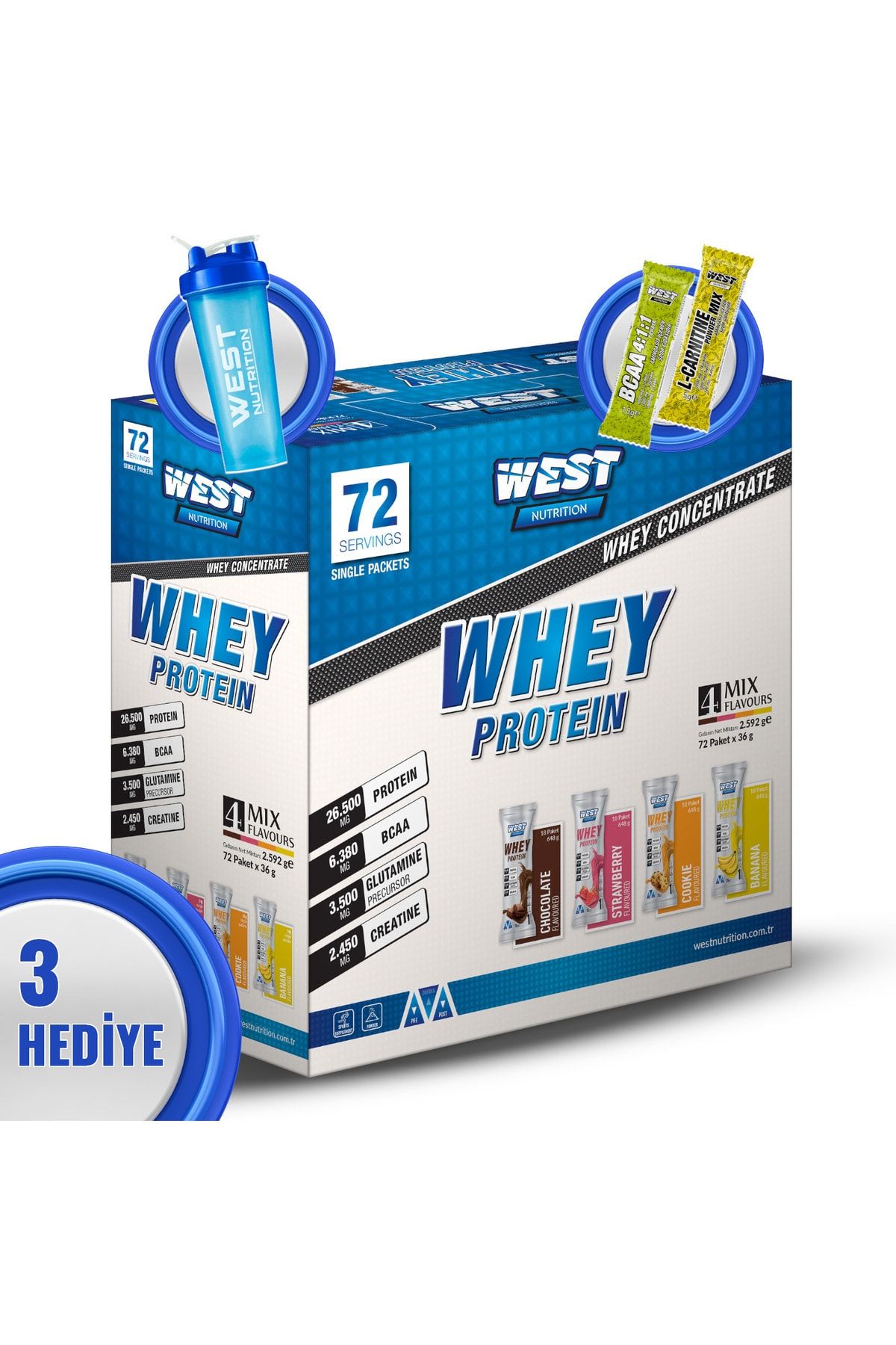 West Nutrition Whey Protein Tozu 72 Şase Bir Kutuda 4 Aroma - Shaker