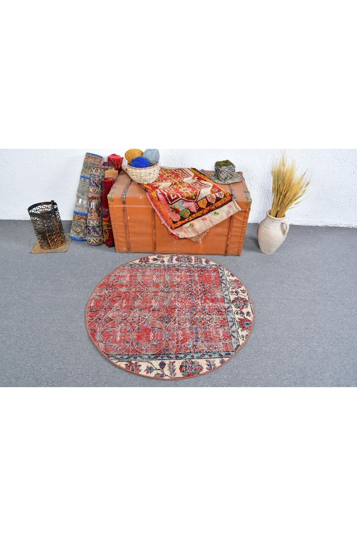 Kayra Export Antik Halı, Araba paspası Halı, Türk Halı, 105x105 cm Küçük Halı, Kırmızı Farsça Halı