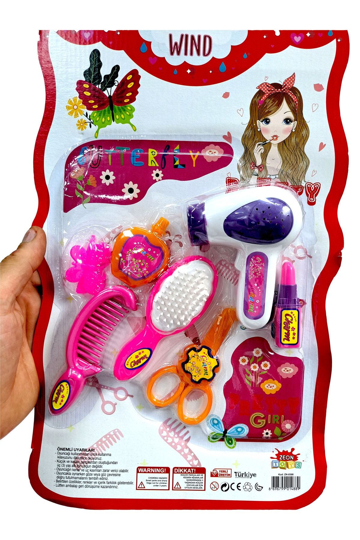 ALYTOYS Kız Çocuk Oyuncak Güzellik Kuaför Seti 7 Parça Tarak Saç Kurutma Makinesi Ruj Parfüm 42x24 CM