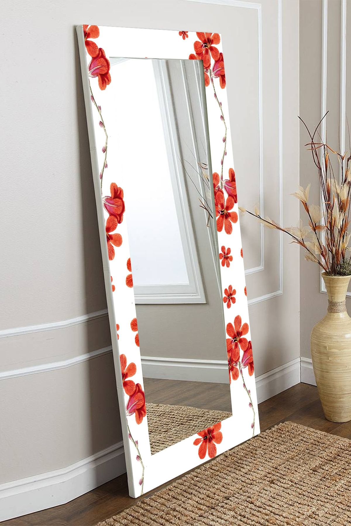 Hediyeler Kapında Kırmızı Çiçek Dekoratif Boy Aynası 150x60cm
