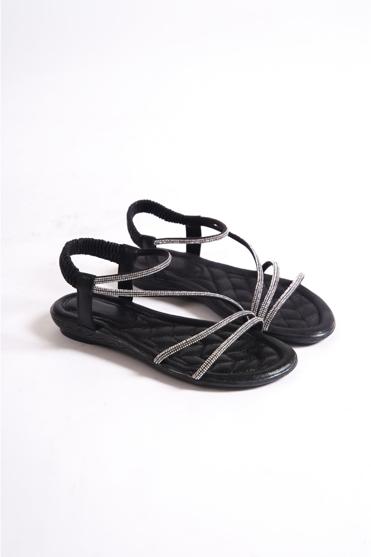 BAKGİY Siyah Simli Kadın Taşlı Lastikli Sandalet BG1167-123-0003
