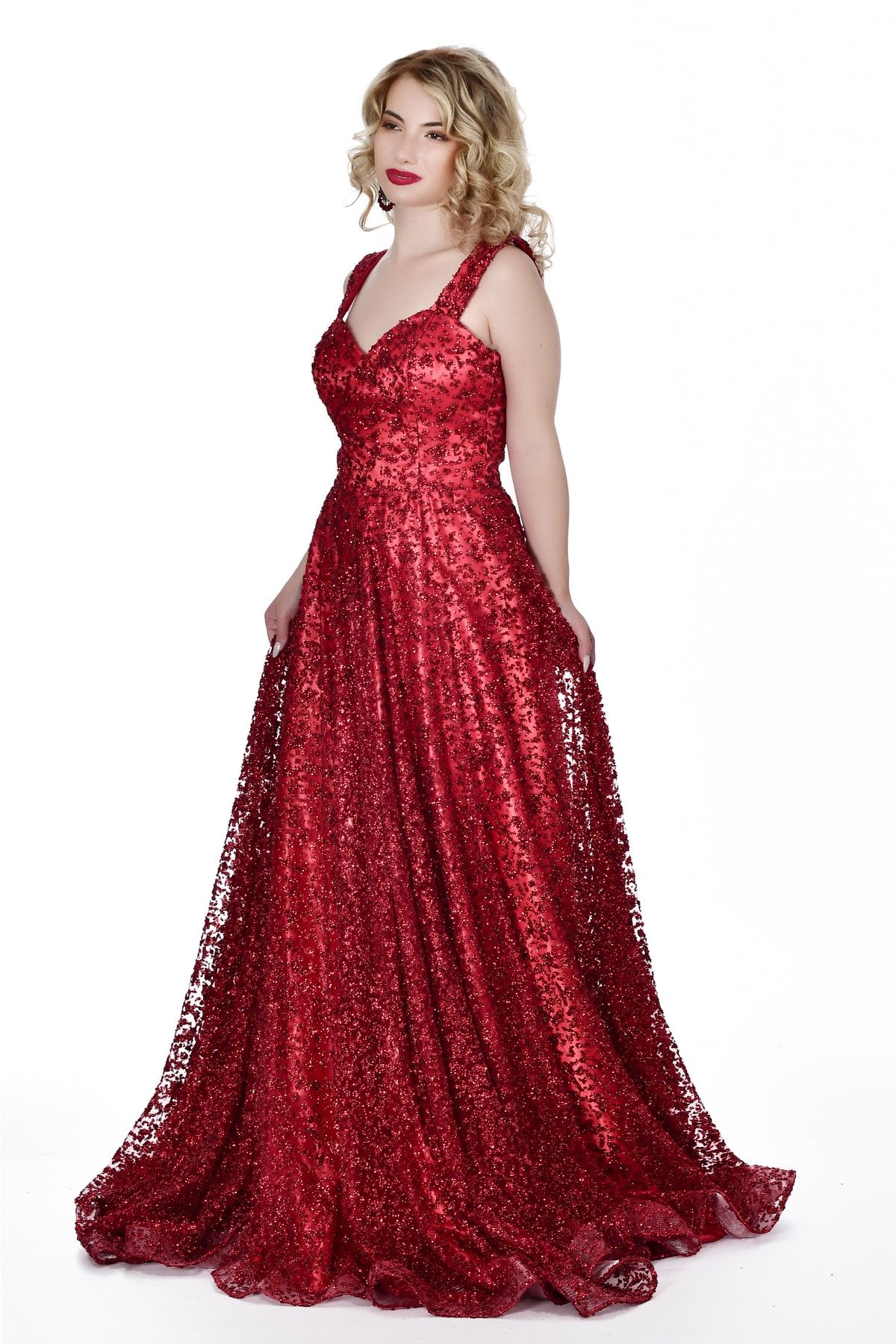 Kulis Kırmızı Askılı Kalp Yaka Pullu Prenses Model Abiye & Mezuniyet Elbisesi