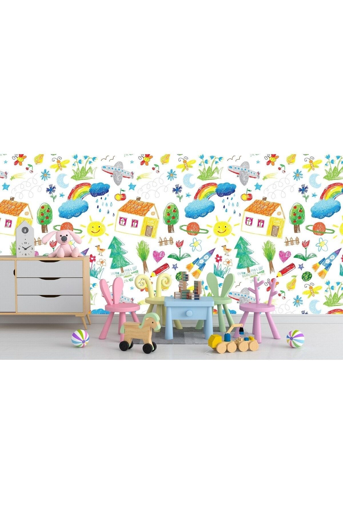 ARSLAN DEKOR Çizim Ev Uçak Gökkuşağı Desen Çocuk Odası Duvar Kağıdı