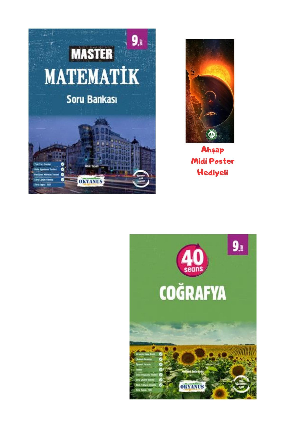 Okyanus Yayınları 9.Sınıf Master Matematik Soru Bankası ve 40 Seansta Coğrafya Ahşap Poster Hediyeli