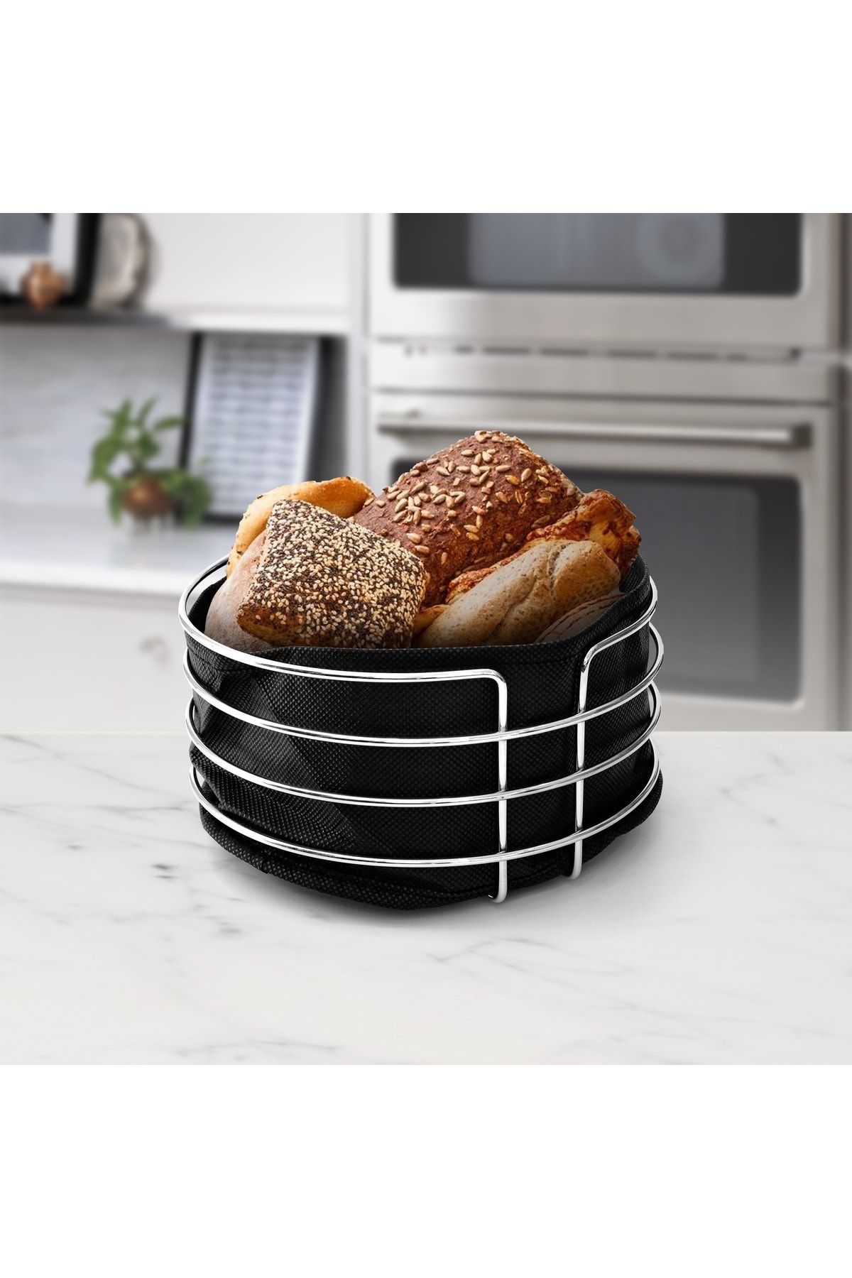 KardemHome Ekmeklik Yuvarlak Ekmek Sepeti Çok Amaçlı Metal Kutu Lüx Paslanmaz Sepet