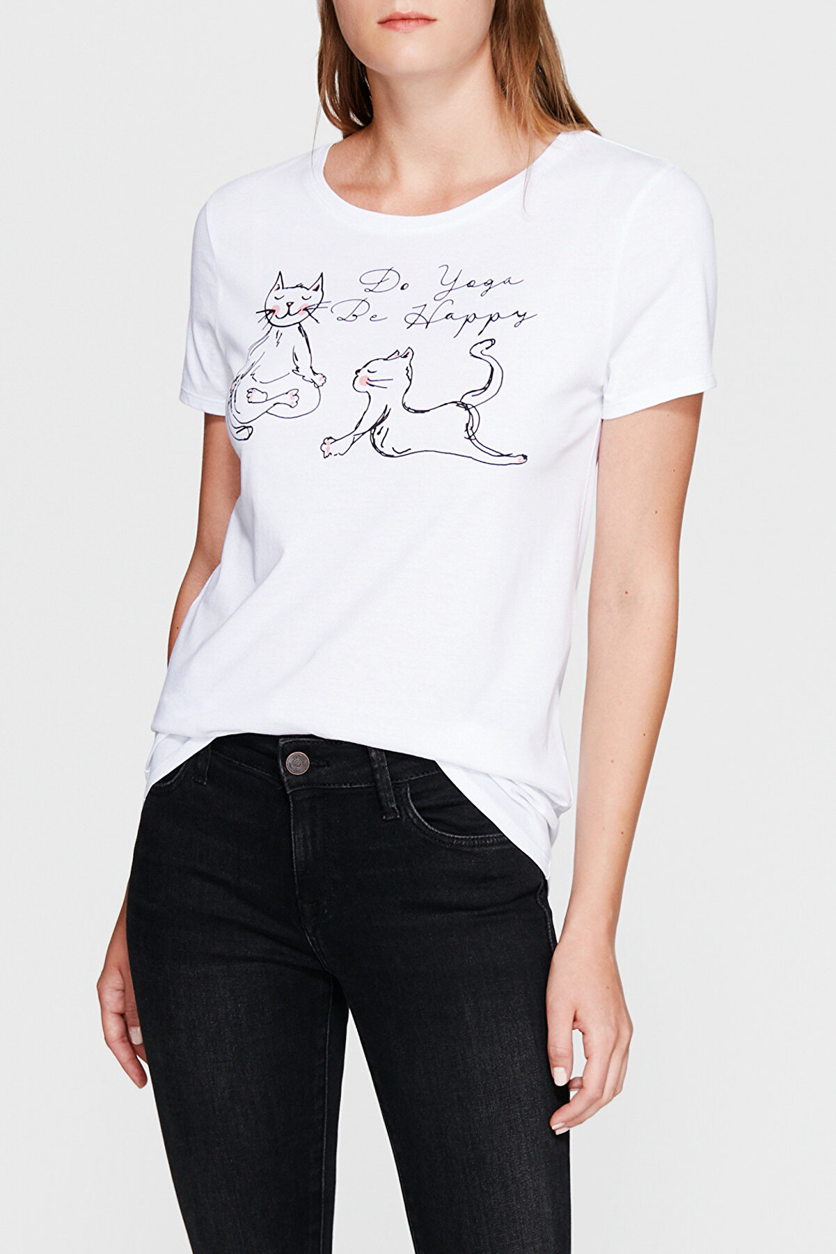 Mavi Kadın Kedi Baskılı Beyaz T-shirt 167385-620