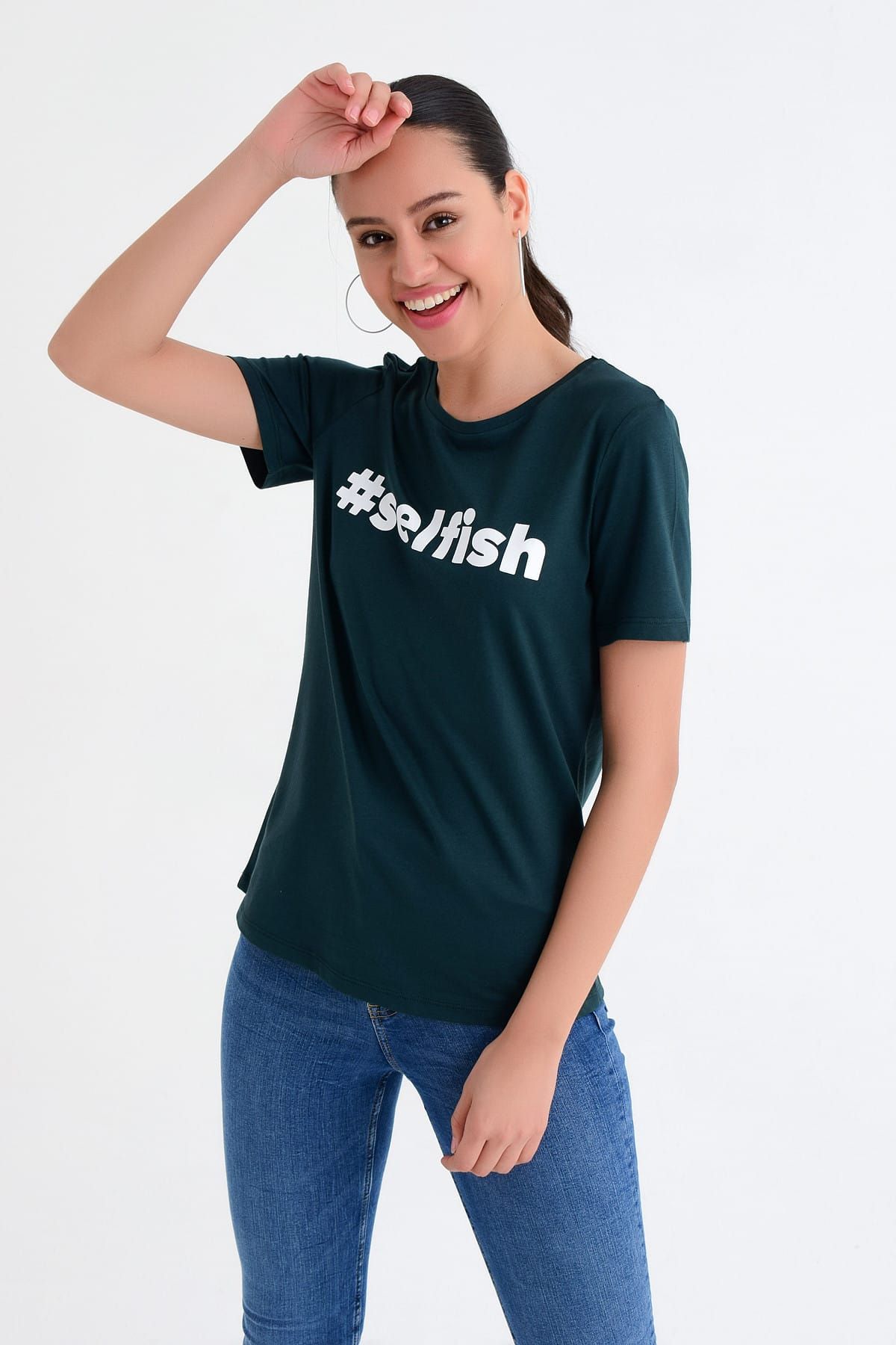 Hanna's Kadın Yeşil Selfish Baskılı Basic Tshirt Hn1777