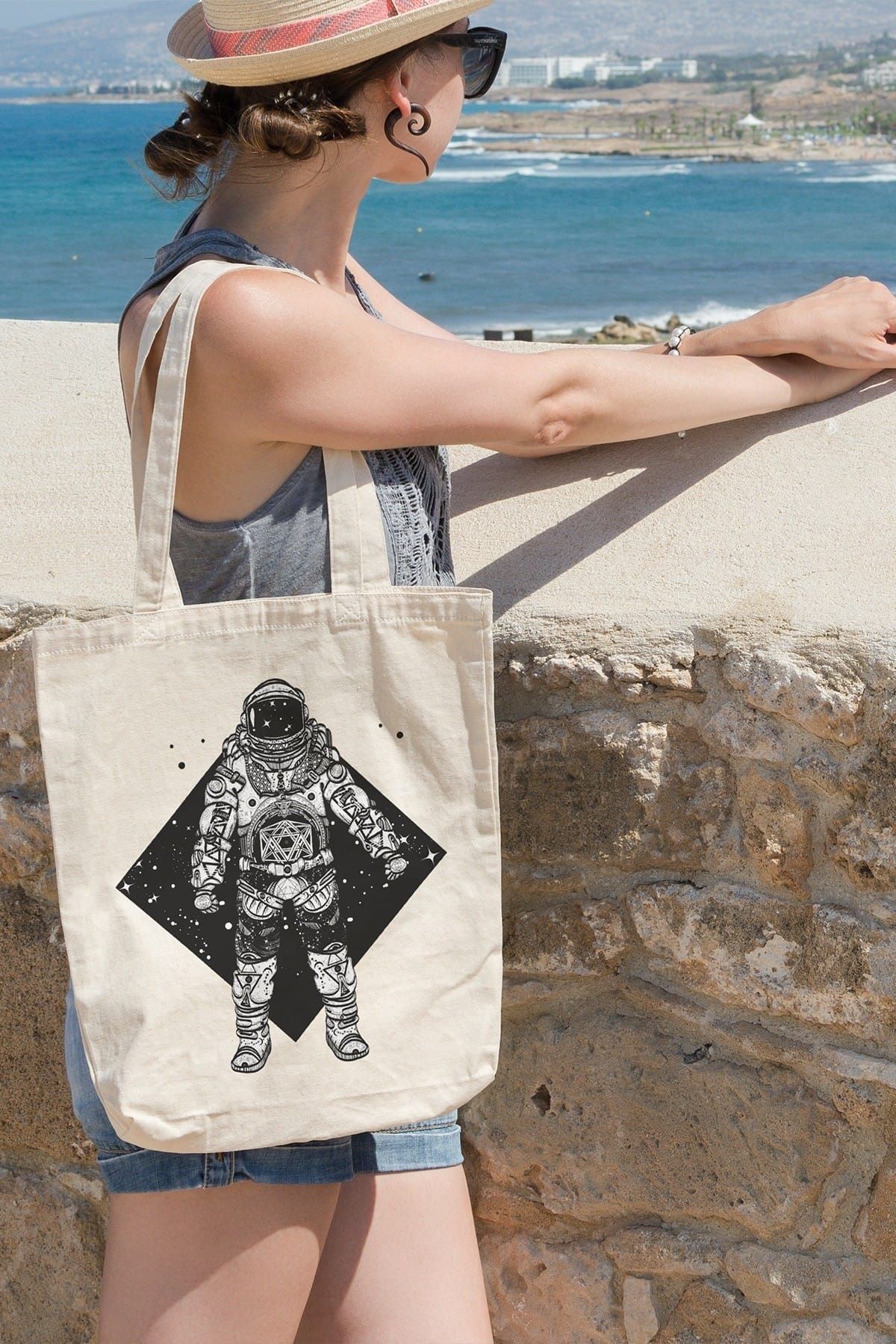 Angemiel Astronot Yıldız Motifleri  Alışveriş Plaj Bez Çanta