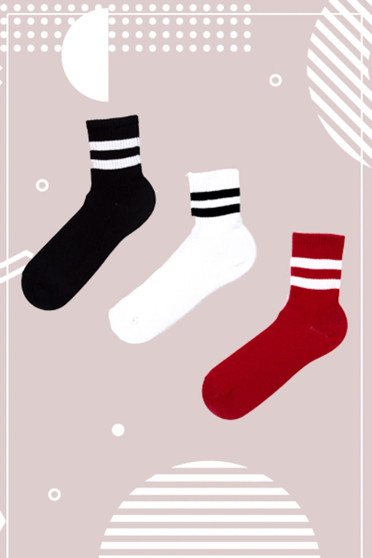 Neşeli Çoraplar Unisex Beyaz 3'Lü Şeritli Atletik Çorap Set