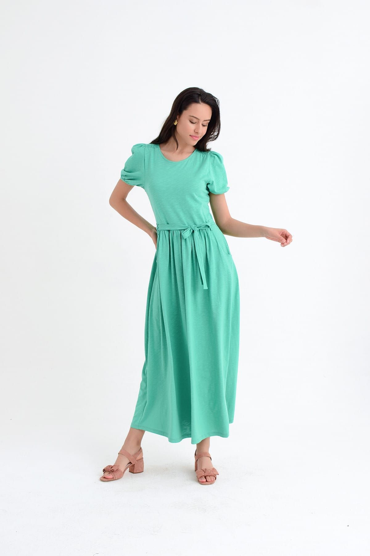 Hanna's Kadın Yeşil Kısa Kollu Kemer Ve Cep Detaylı Uzun Örme Elbise Hn1803