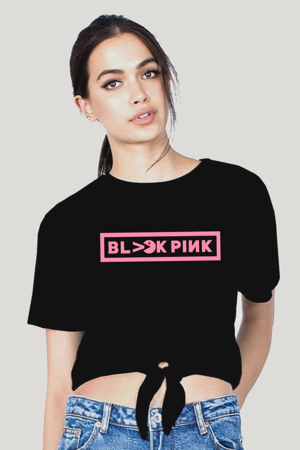 ROCKANDROLL Blackpink Pac Siyah Kesik Crop Top Bağlı Kadın | Bayan Tişört