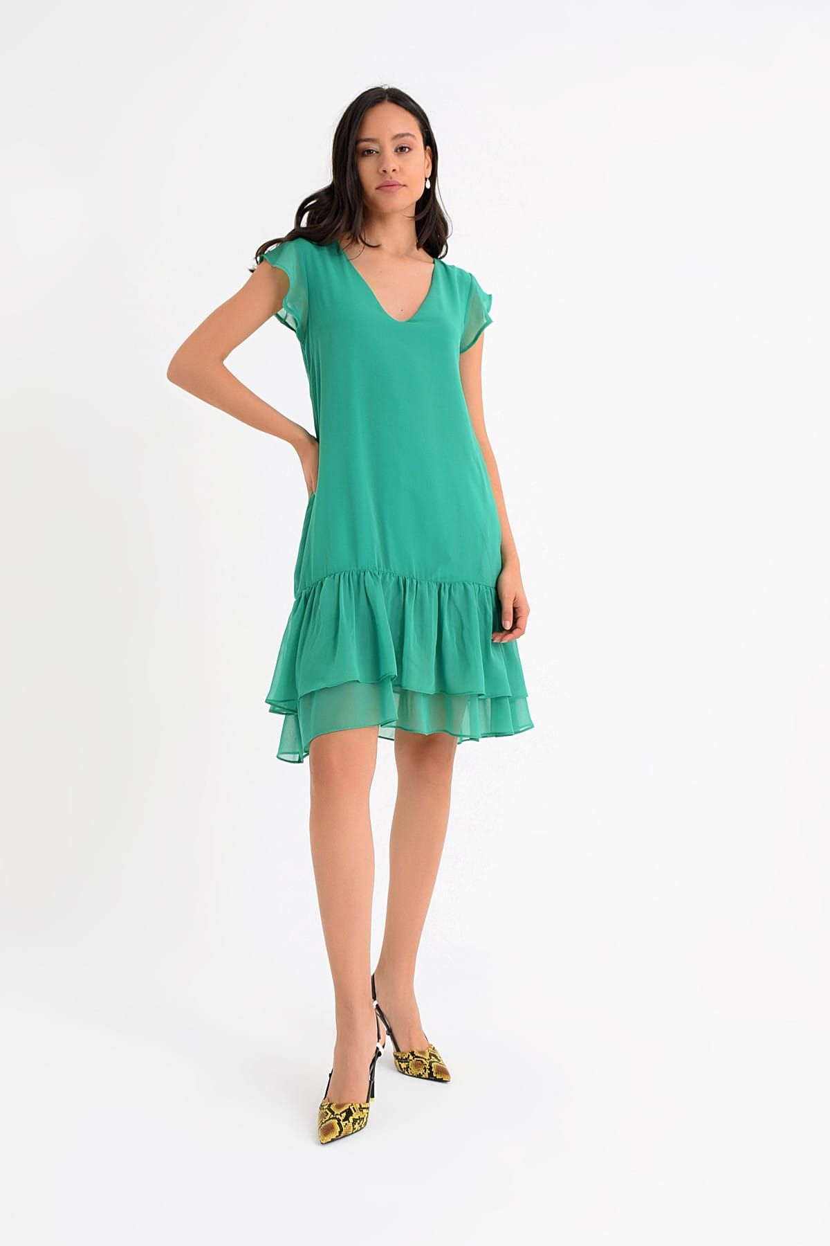 Hanna's Kadın Yeşil Kolu Volan Detaylı V Yakalı Örme Astarlı Eteği Volan Detaylı Dokuma Elbise Hn1533