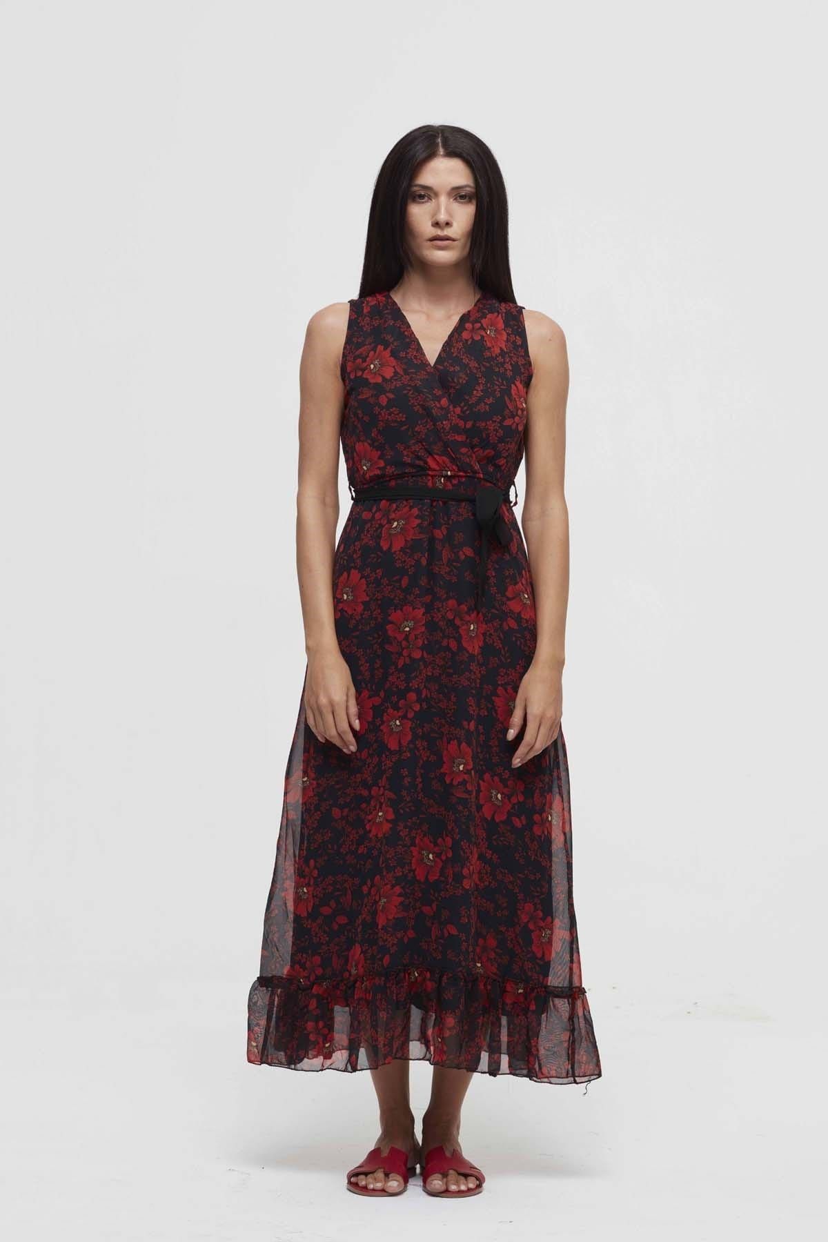 MISOCIAL Kadın Kırmızı Çiçek Desen Kuşaklı Sıfır Kol Astarlı Uzun Elbise 19Y3225-1