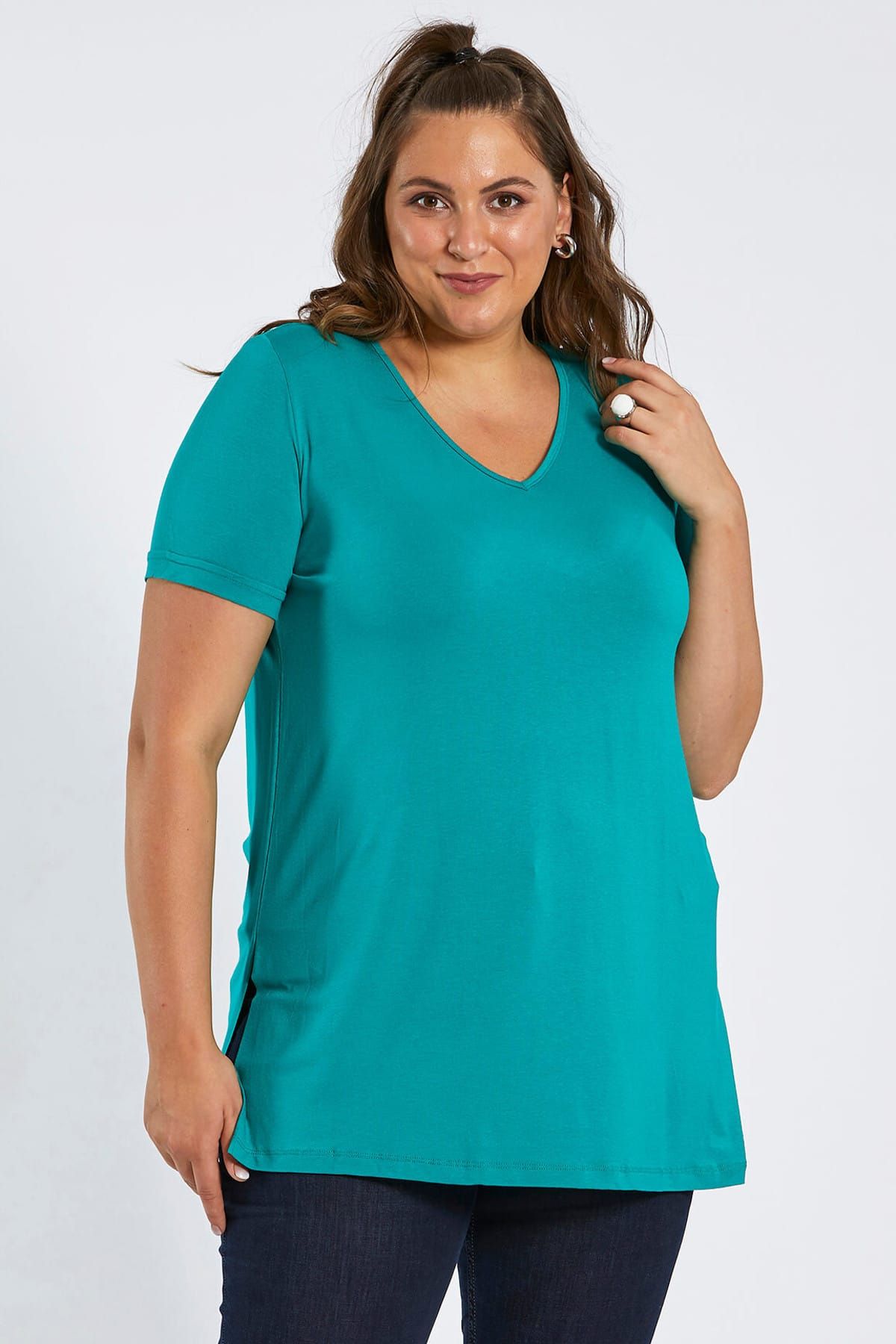Büyük Moda Kadın Yeşil V Yaka Basic Tişört 101010400083