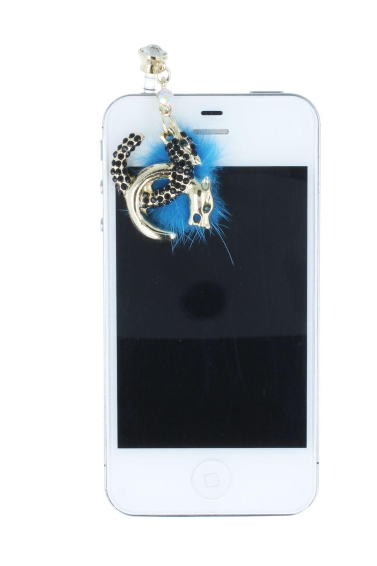 Crystal Dream Taşlı Mavi Tüylü Gold Telefon Küpesi