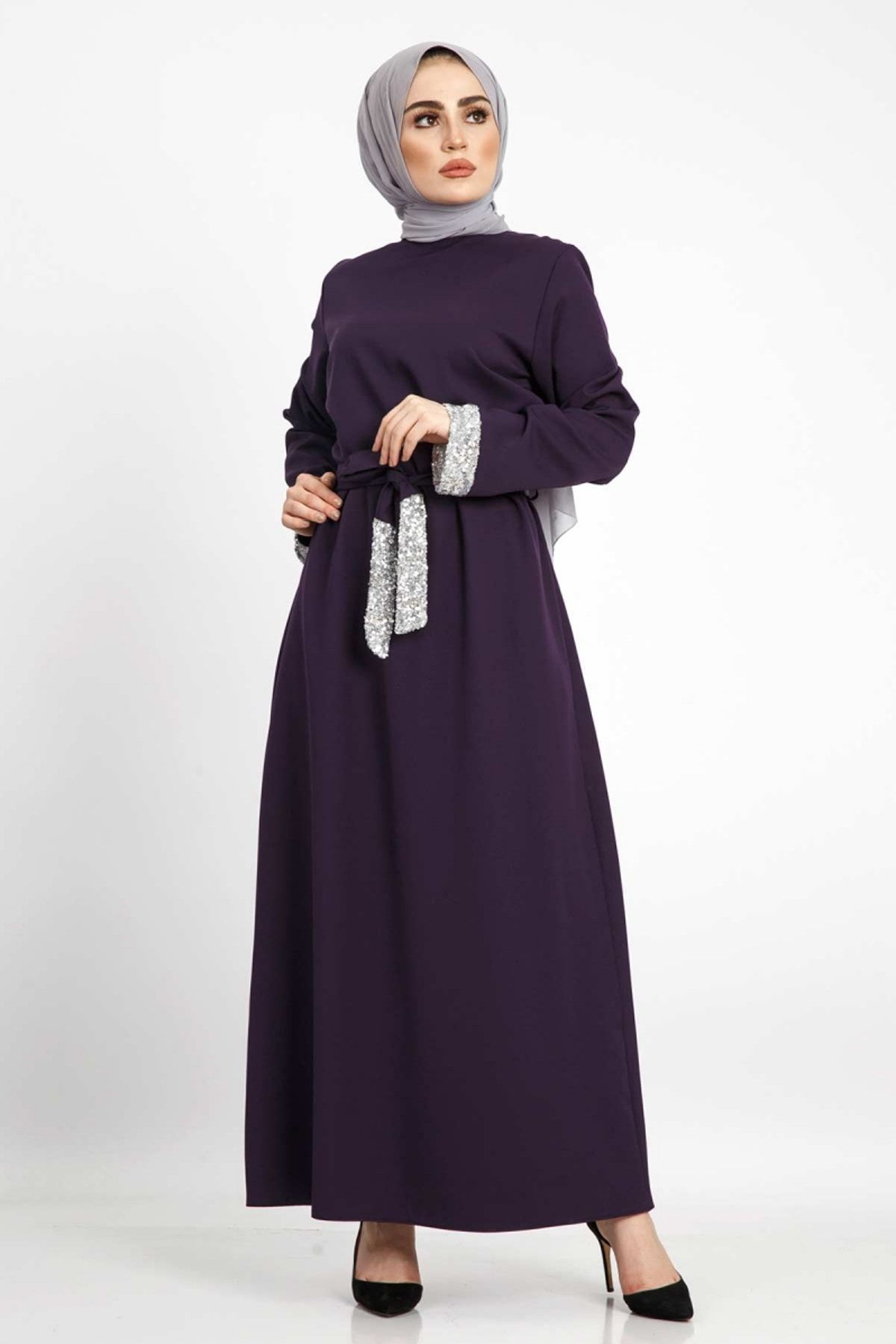 Tesettür Dünyası Kadın Büyük Beden Pul Payetli Elbise TSD855 Mor TSD855