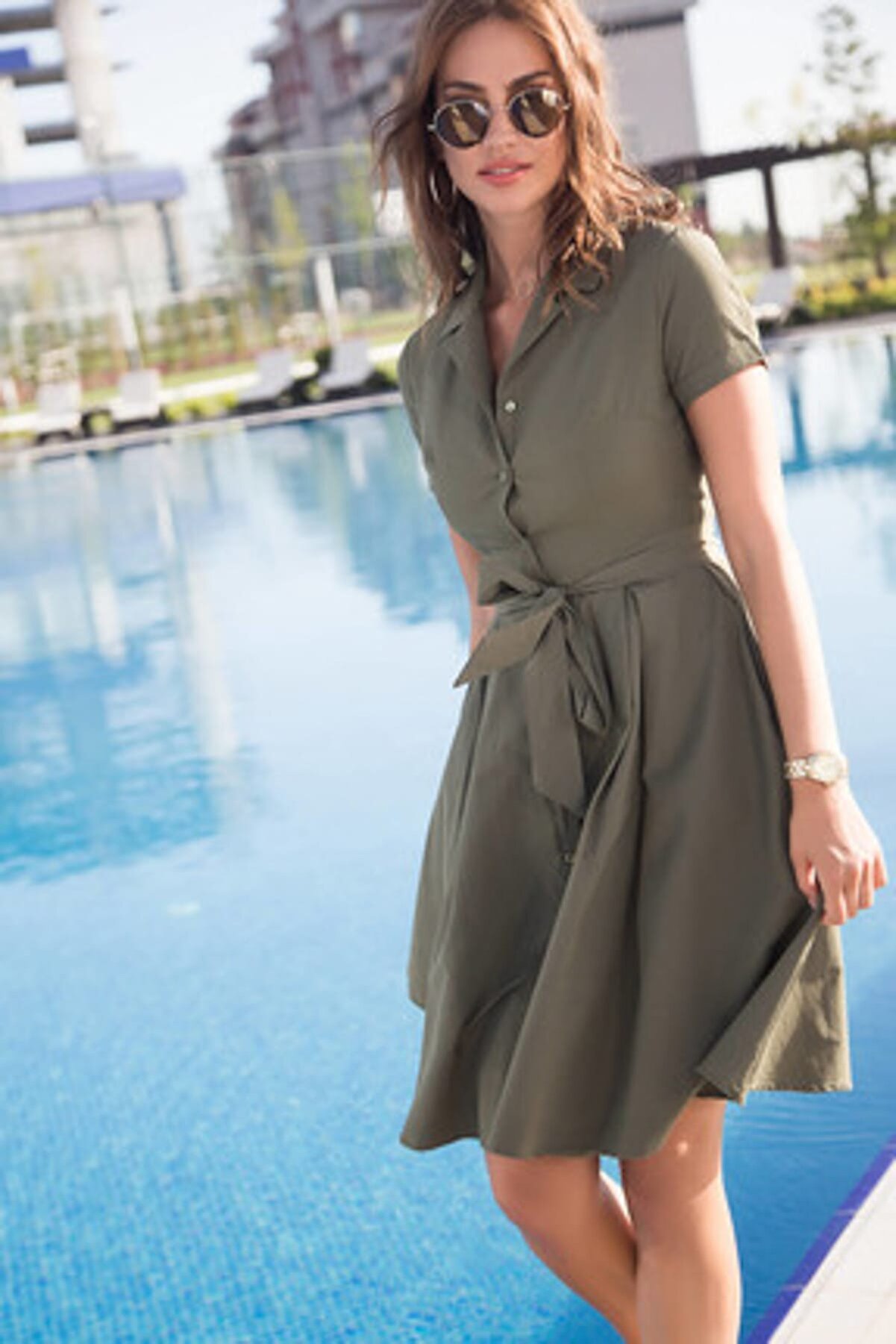 Happiness İstanbul Kadın Haki Kuşaklı Gömlek Elbise FN01280
