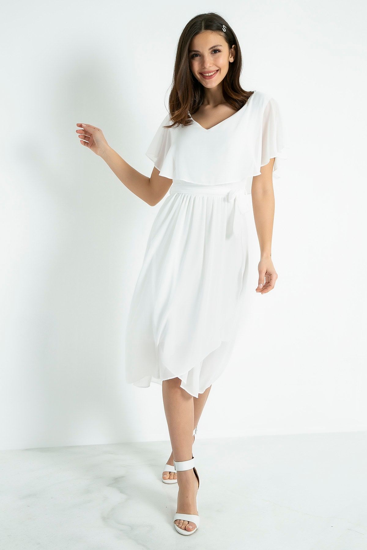 Sateen Kadın Beyaz Volanlı Şifon Elbise 9YEL345K107 9YEL345K107