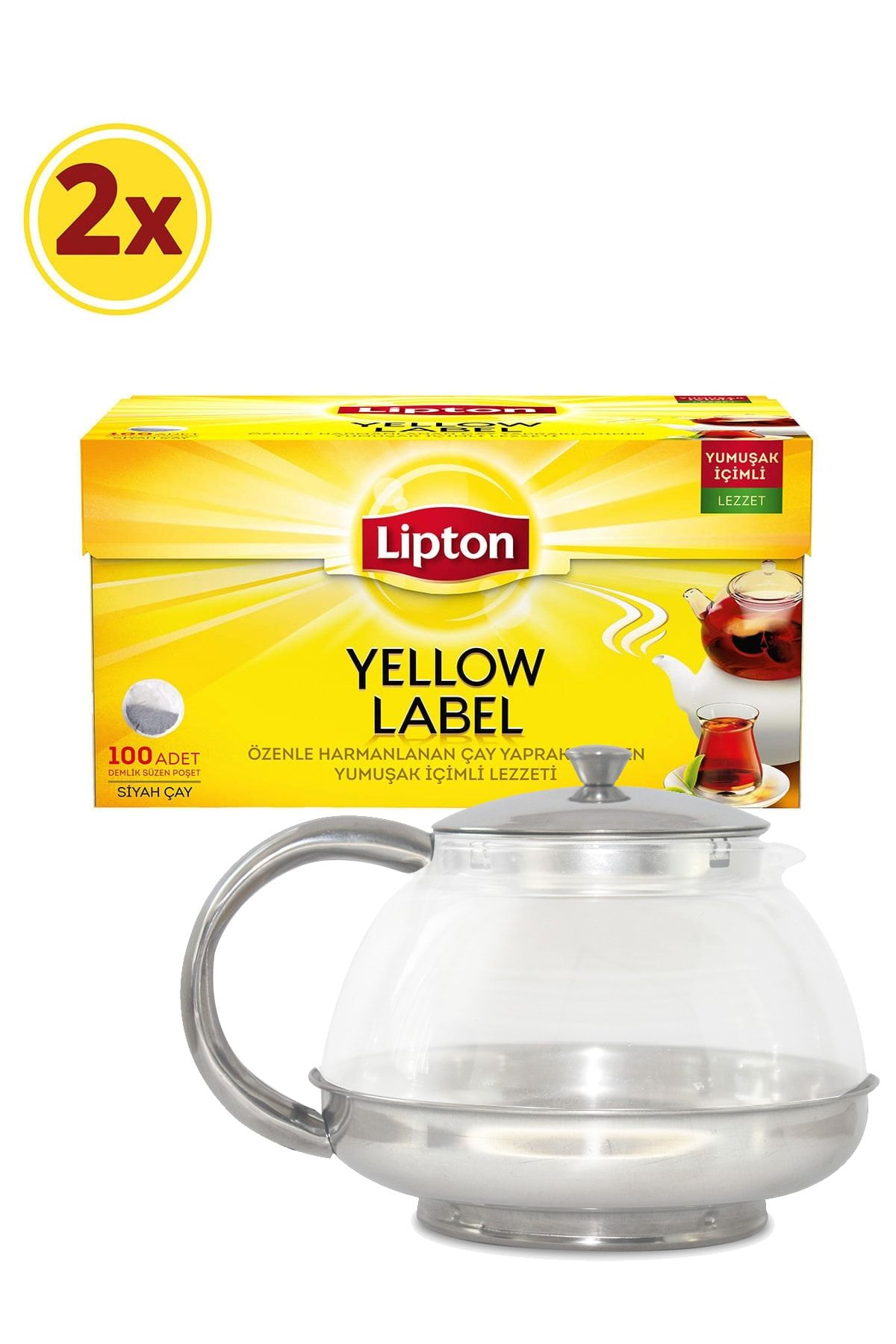 Lipton Yellow Label  100'Lu Demlik Poşet Çay  2 Paket + Cam Demlik Hediye