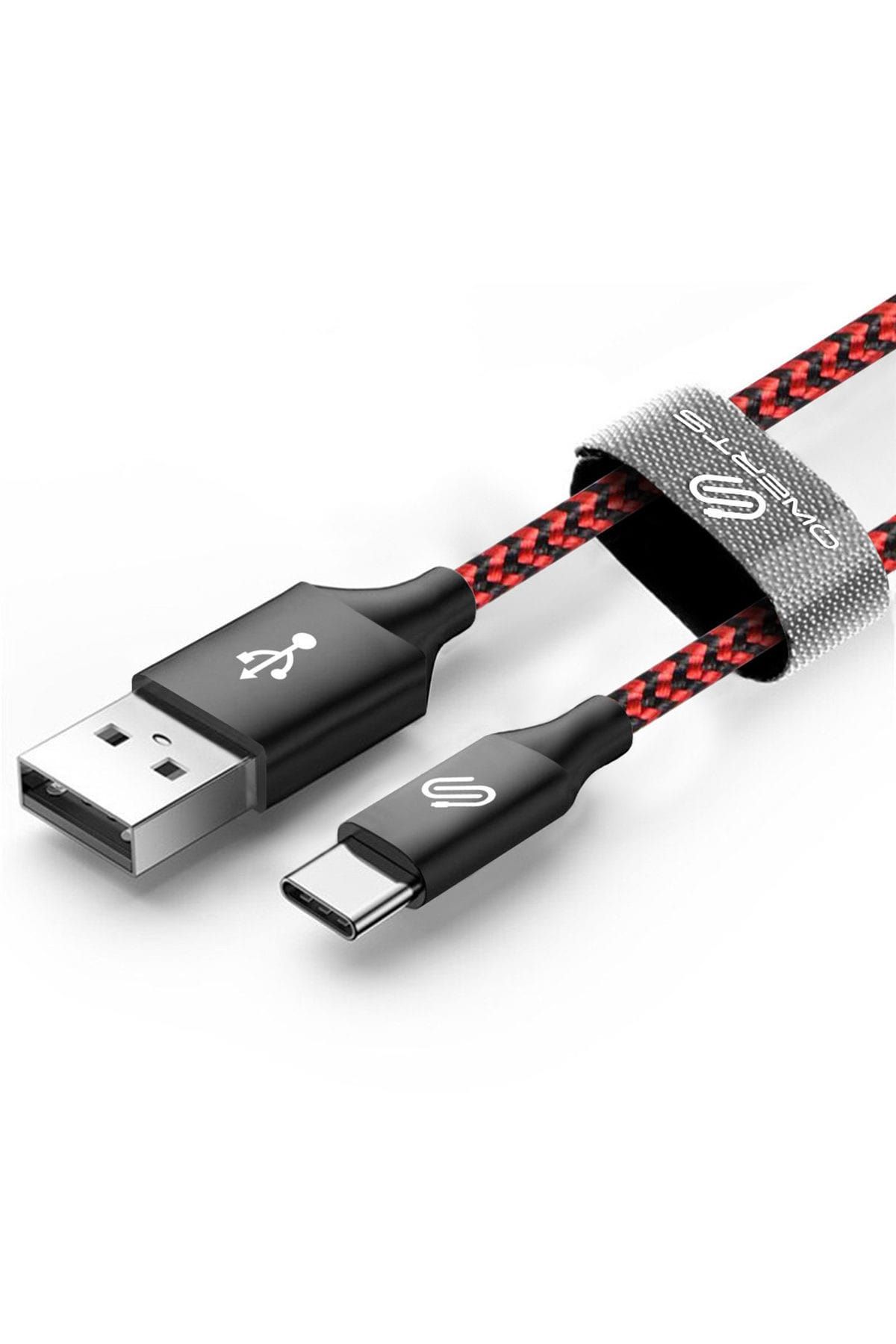 QWERTS USB Type-C Kablo - Type C Hızlı Şarj ve Data Kablosu Örgülü Kırmızı/Siyah 1 mt