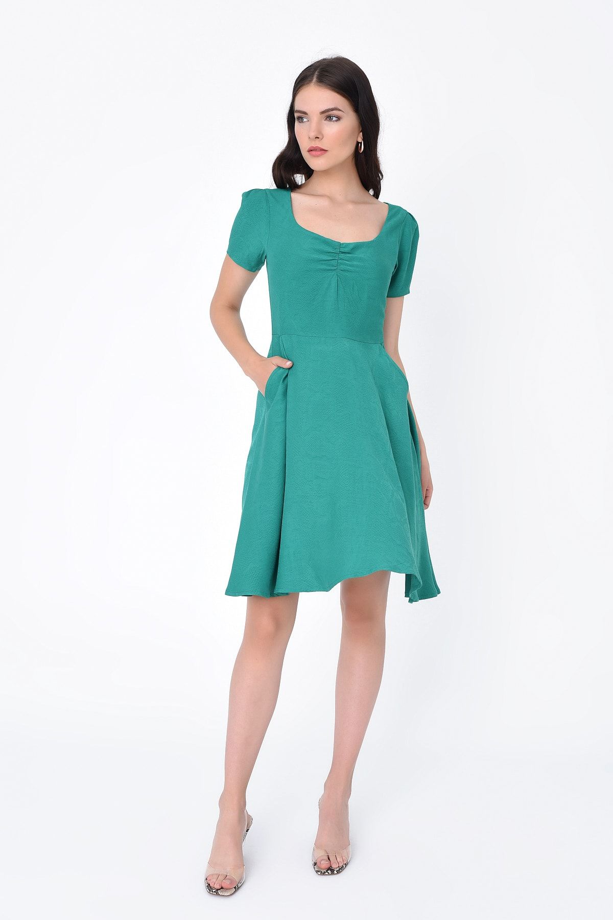 Hanna's Kadın Yeşil Büzgülü Cepli Kısa Kollu Elbise