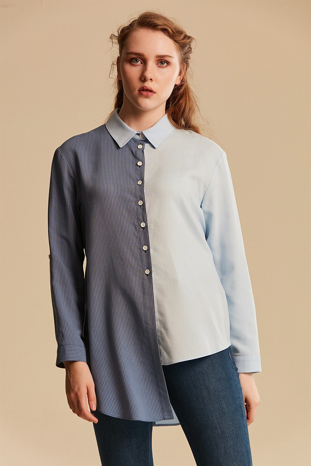 Nihan Kadın Açık Mavi Çizgili Tencel Gömlek X3296