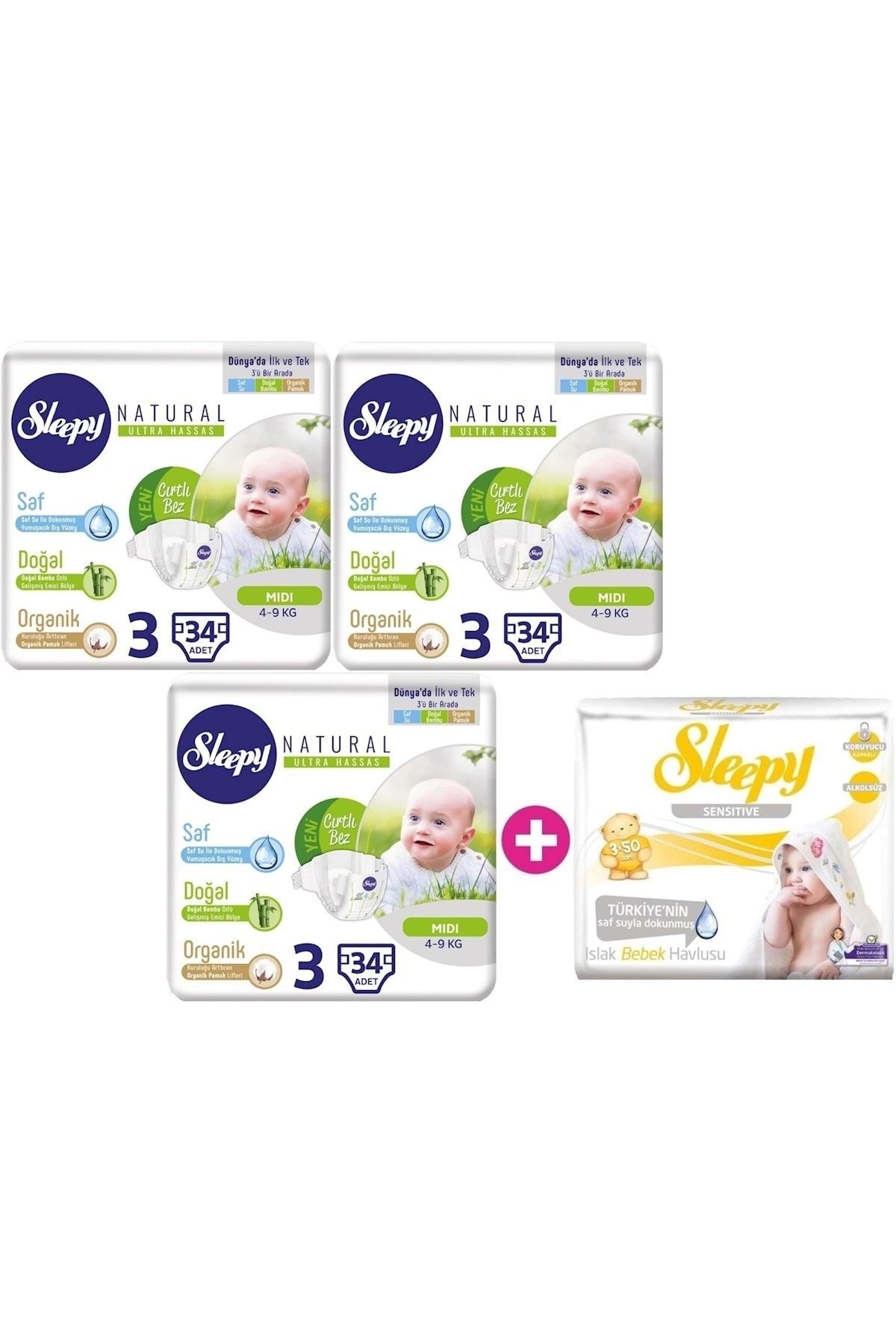 Sleepy Bebek Bezi Naturel Jumbo 4 Beden Maxi 90 Adet + 3 Lü Islak Mendil