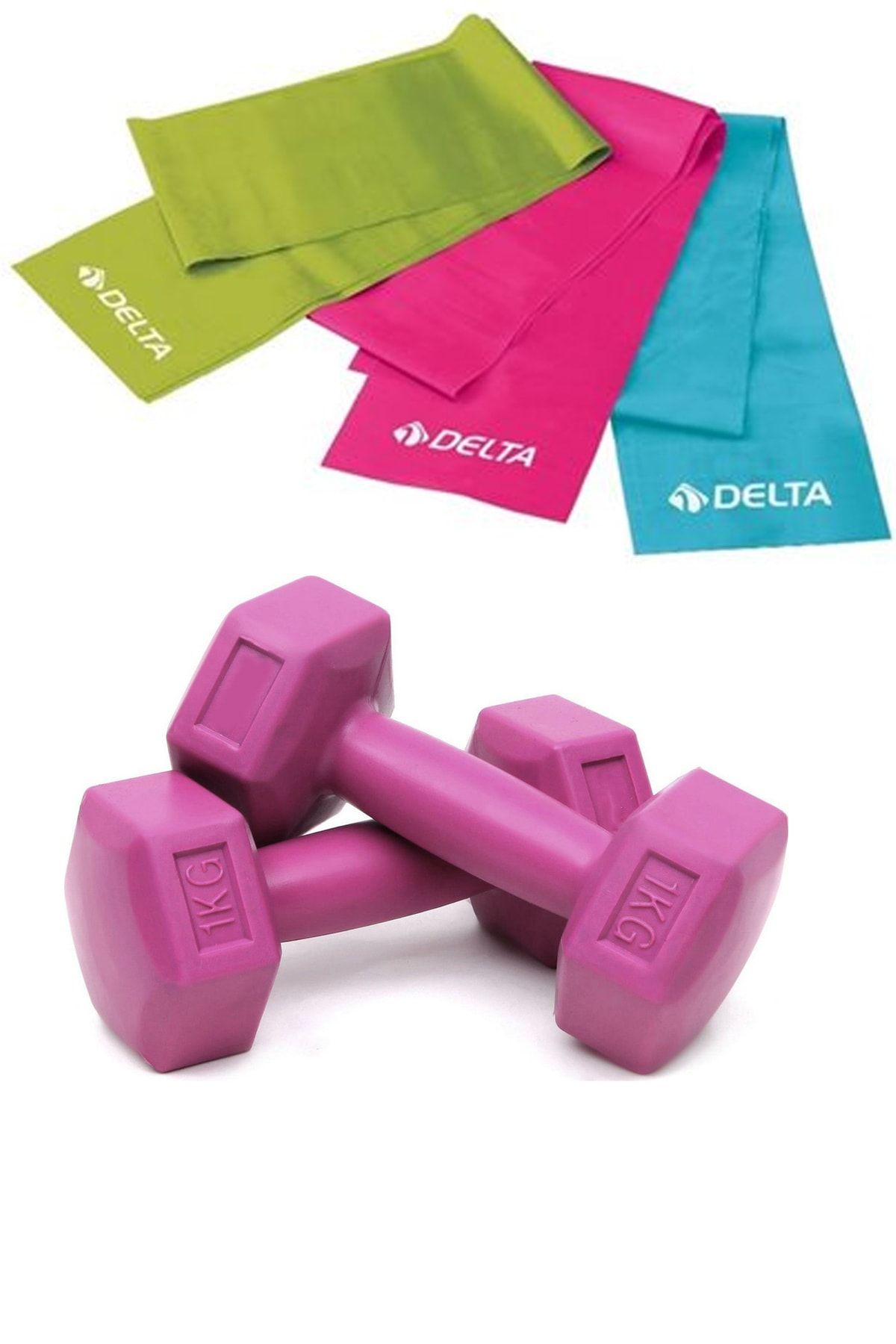 Delta 3 lü Pilates Bandı Farklı Dirençte Plates Lastiği, 1 Kg Dambıl Seti