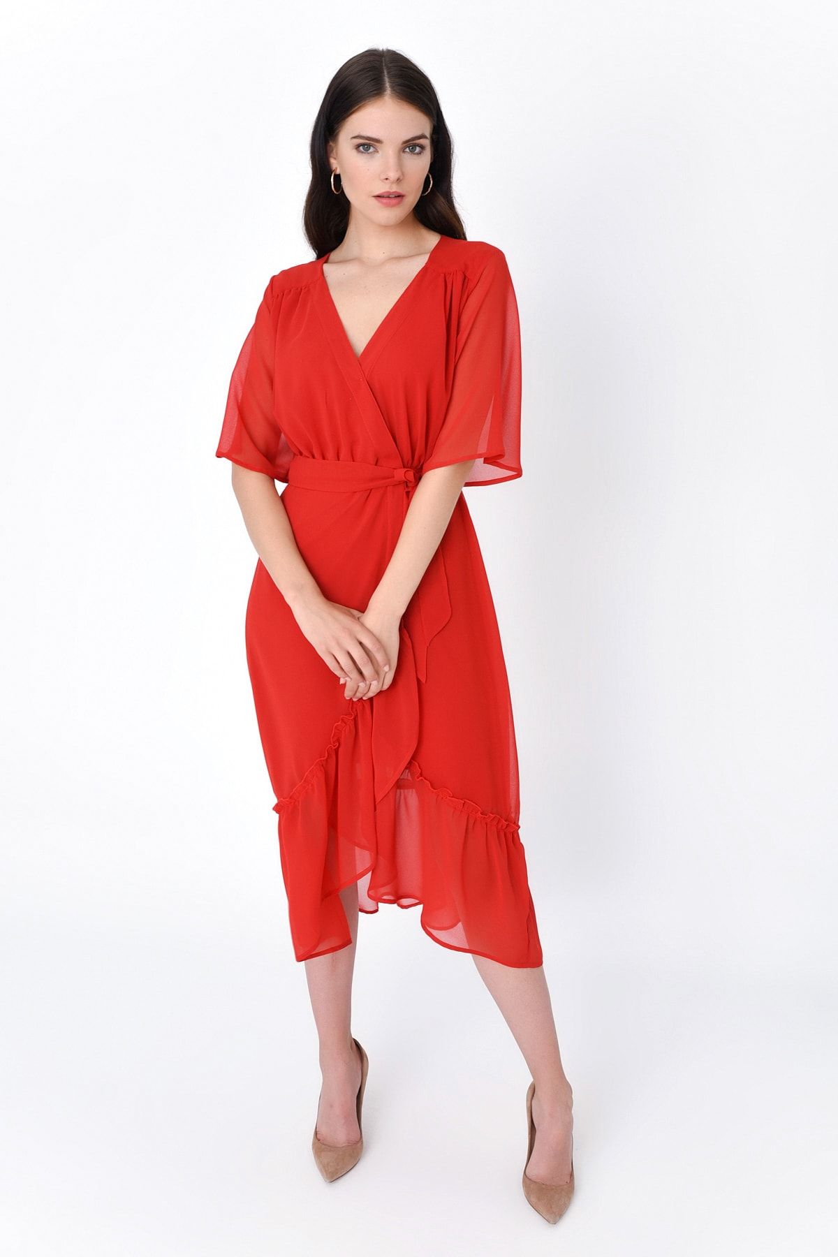 Hanna's Kadın Kırmızı Kruvaze Eteği Fırfırlı Kısa Kollu Elbise