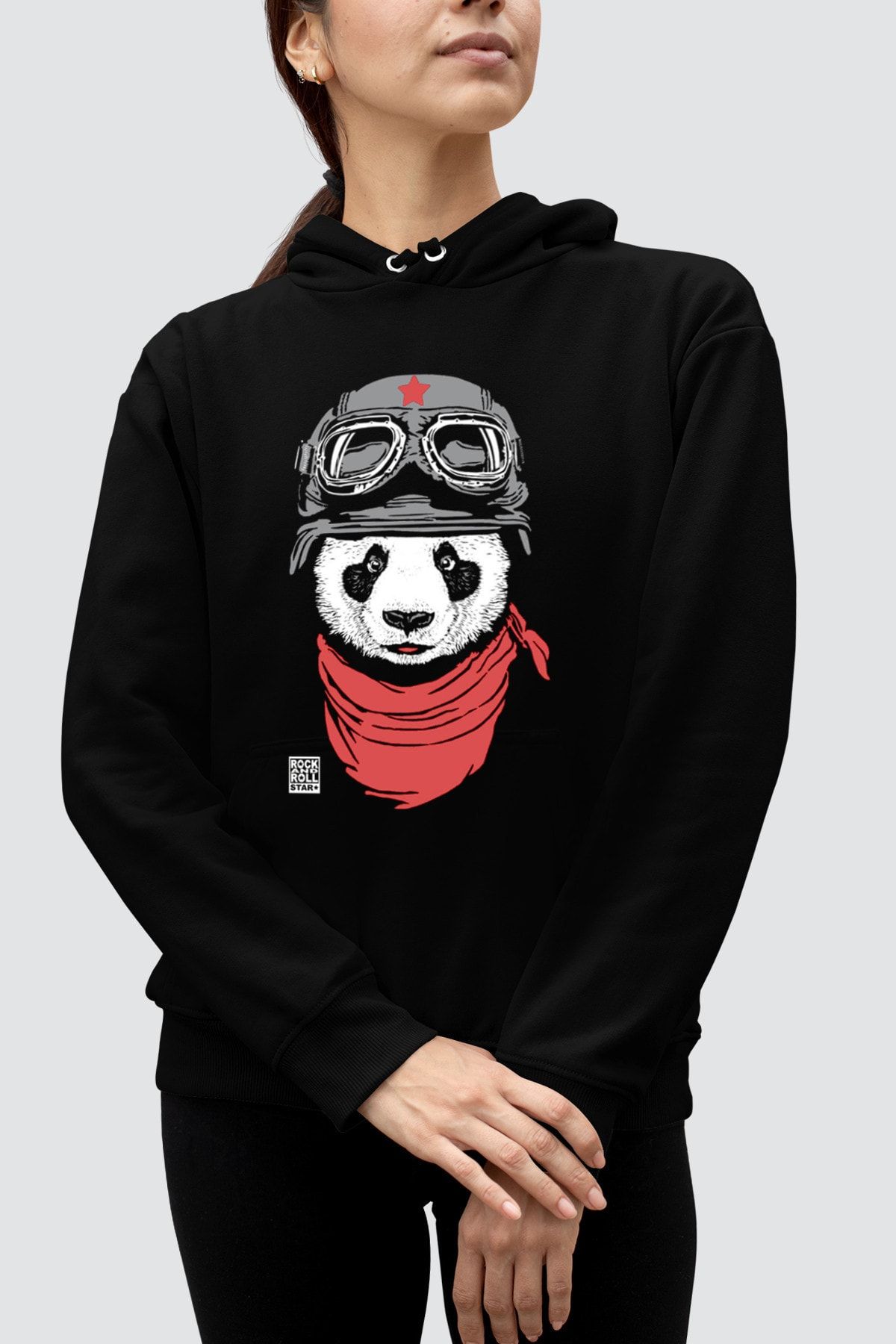 ROCKANDROLL Bandanalı Panda Siyah Kapşonlu Kadın Sweatshirt
