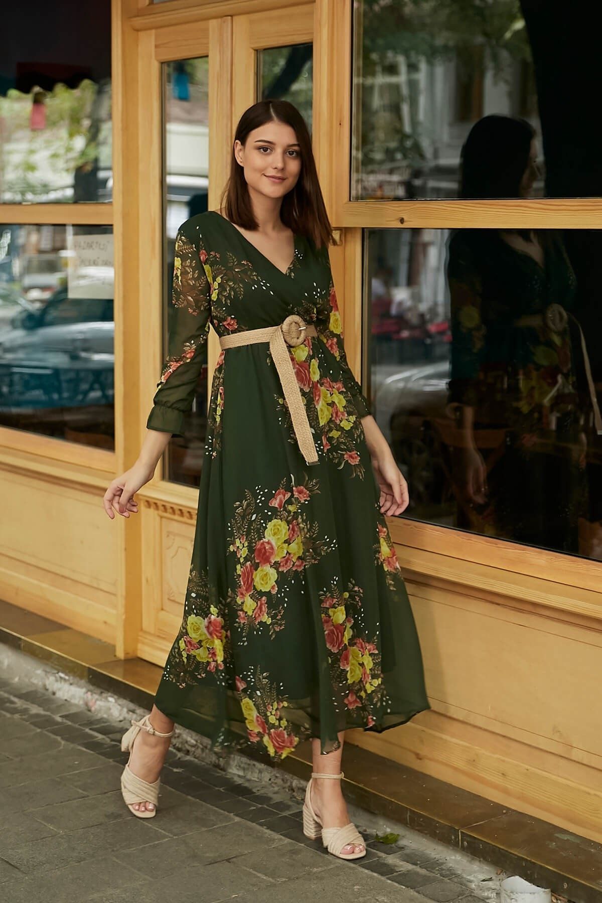 Femme Butik Kadın Yeşil Çiçekli Kruvaze Elbise FM5655