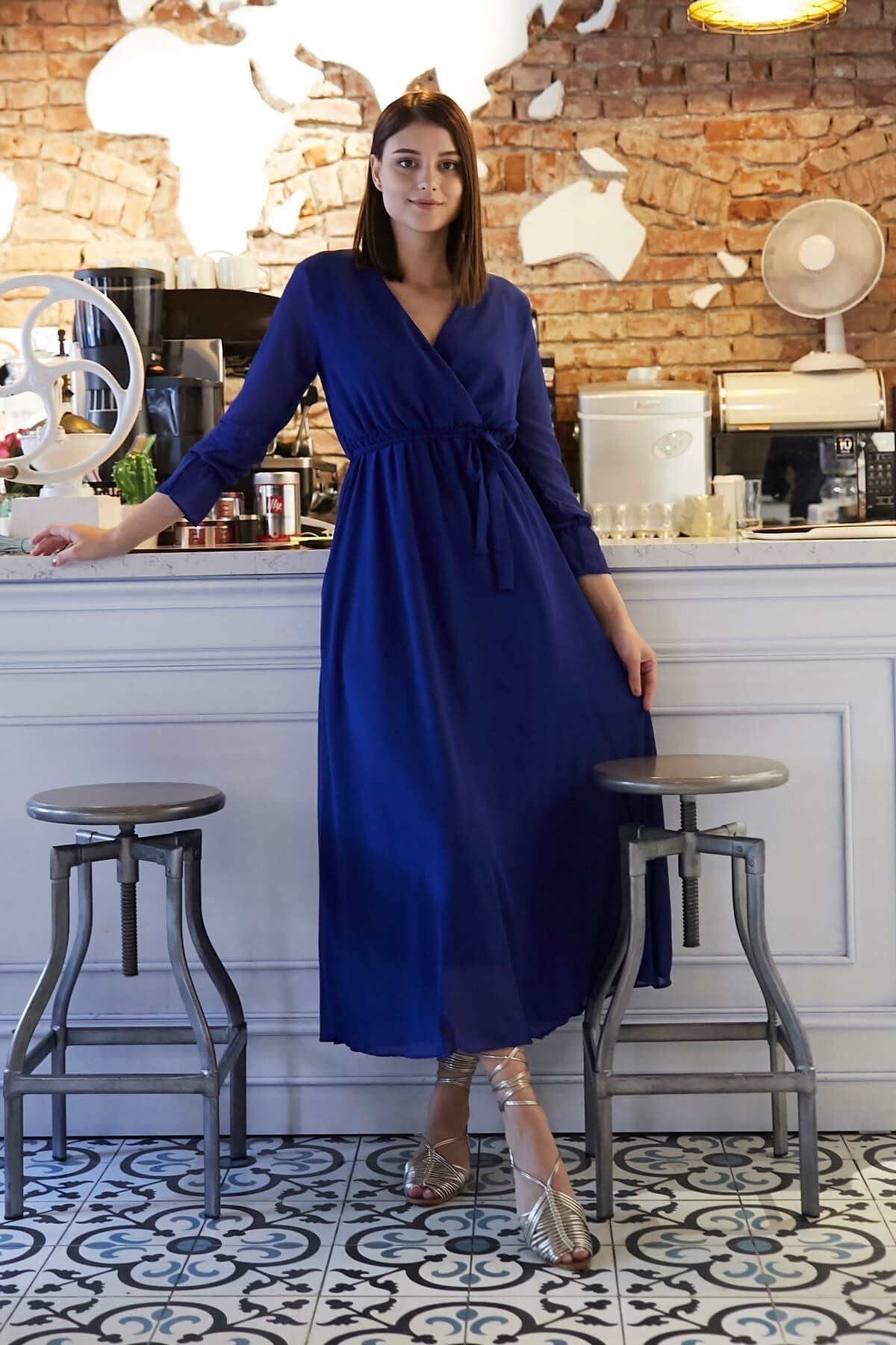 Femme Butik Kadın Mavi Kruvaze Şifon Elbise FM5610