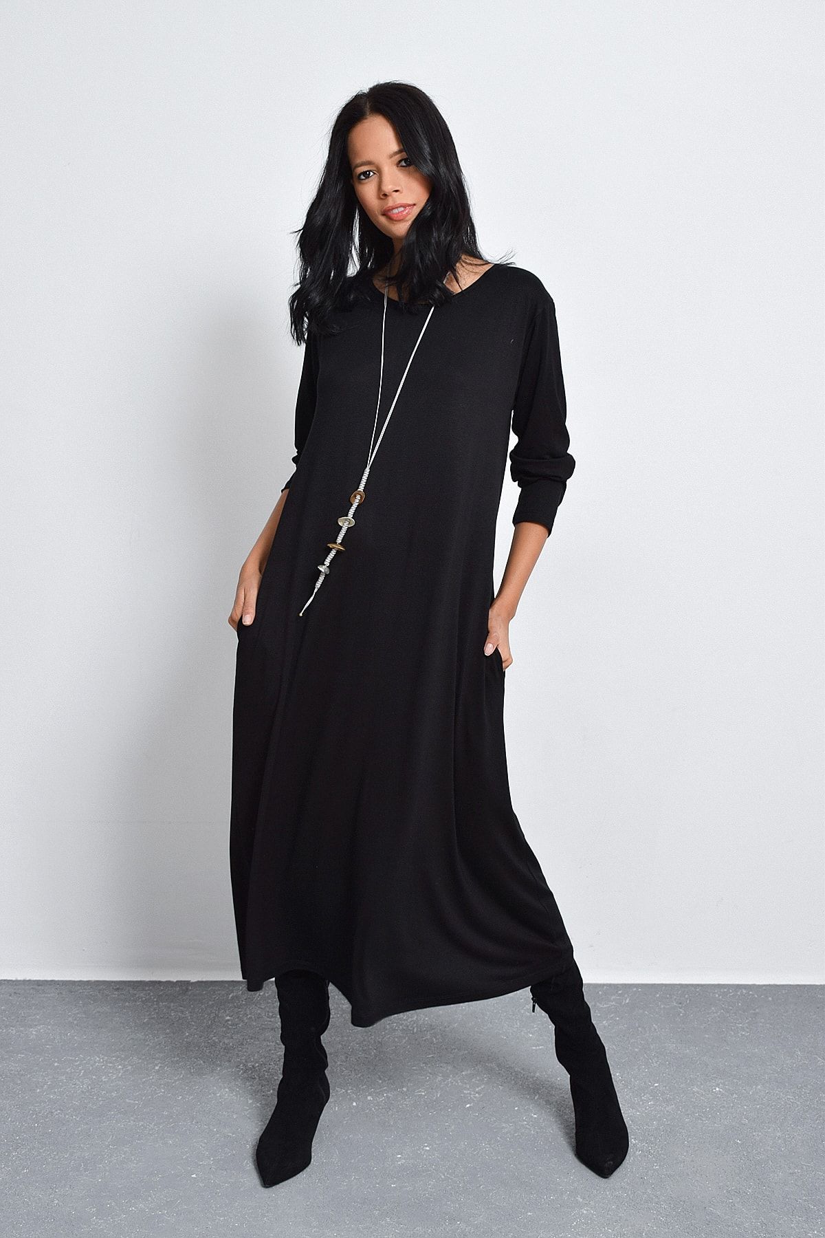 Cool & Sexy Kadın Siyah Cepli Maxi Elbise LV102