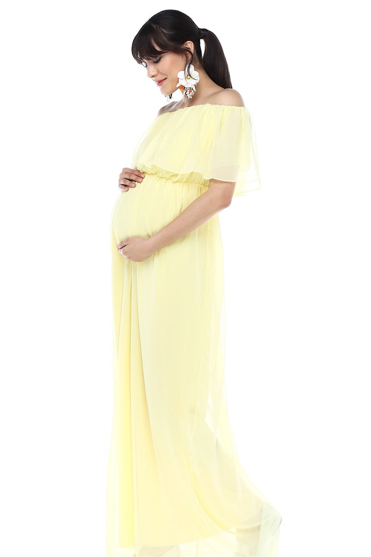 MODA LABİO Şifon Düşük Omuz Hamile Elbisesi Sarı
