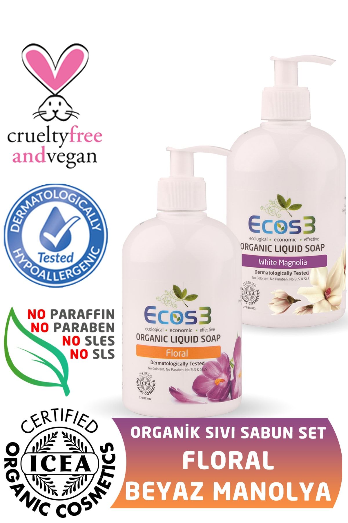 Ecos3 Organik Sıvı Sabun Floral + Beyaz Manolya (2 X 500 ml)