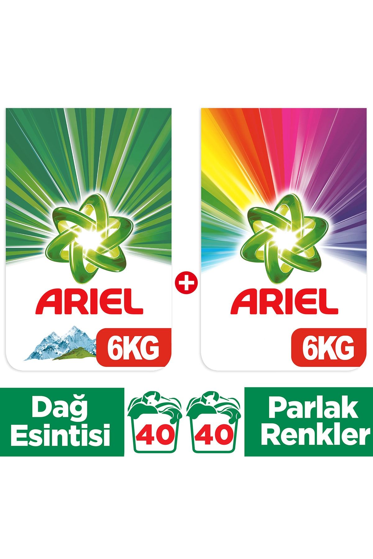 Ariel Matik Toz Deterjan Dağ Esintisi 6 kg + Parlak Renkler 6 kg