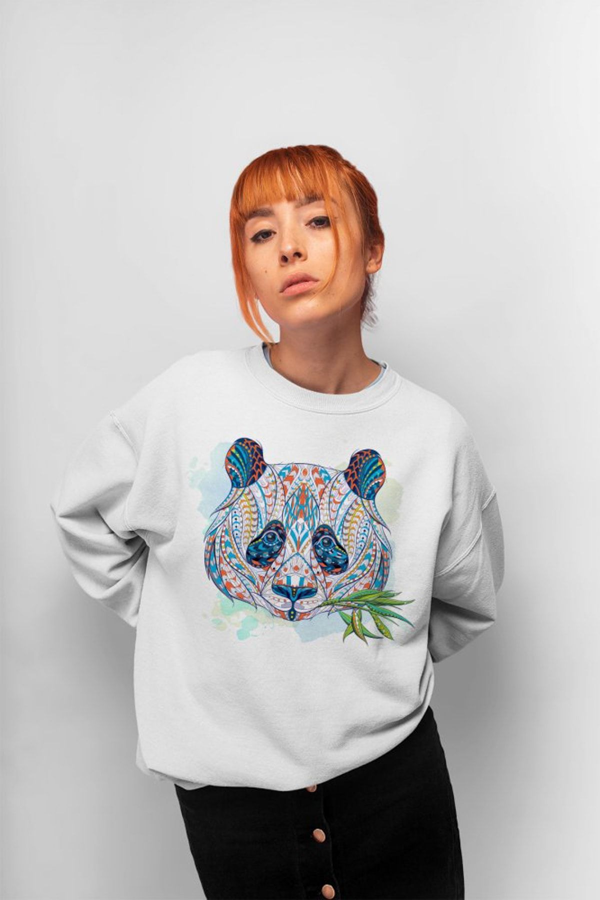 Angemiel Wear Etnik Desenli Mavi Tonlarda Panda Kadın Sweatshirt A00078WK