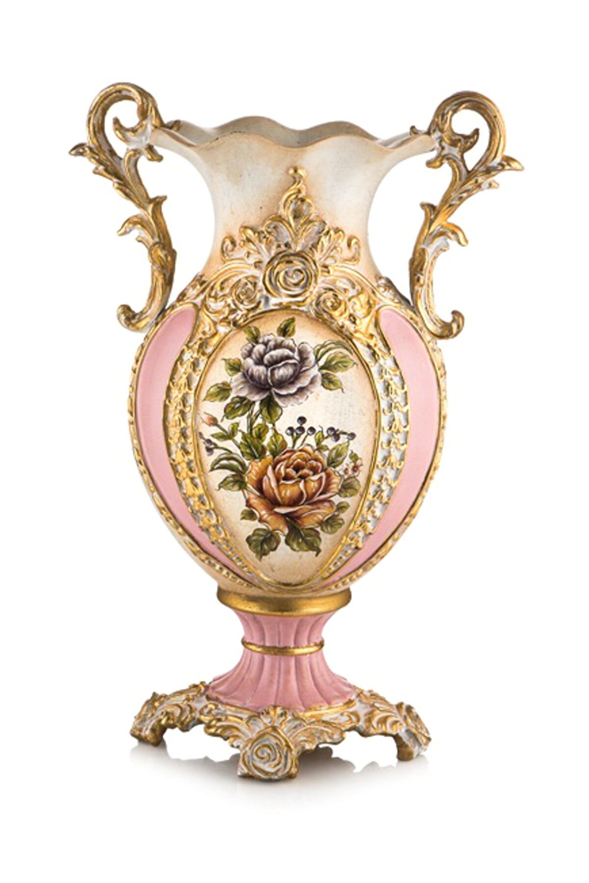 Porio Pr58-1030-Altın-Pembe Çiçek Desenli Kulplu Vazo 46*30