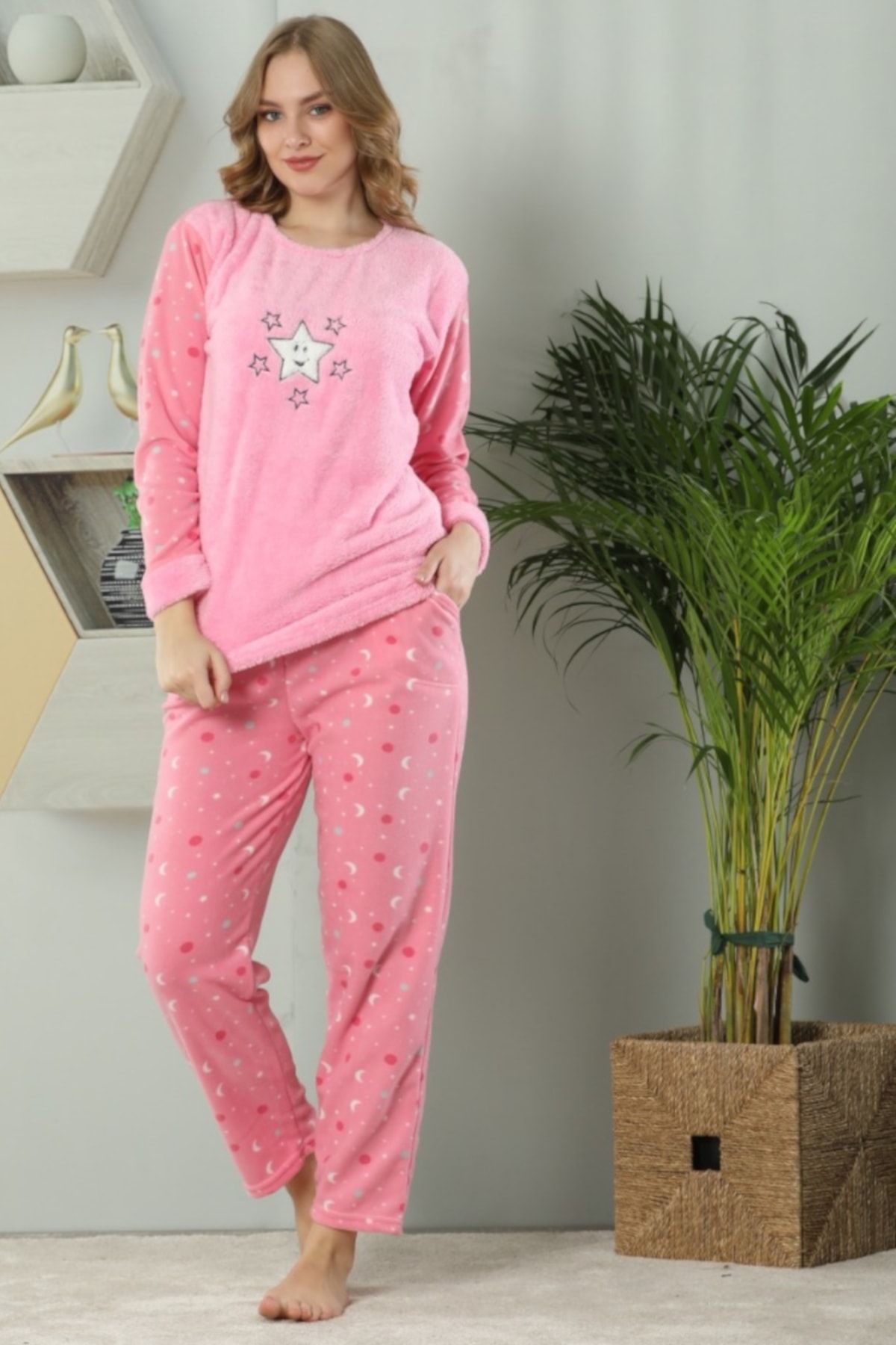 Cicimod Kadın Pembe Yıldız Nakışlı Welsoft Polar Pijama Takımı