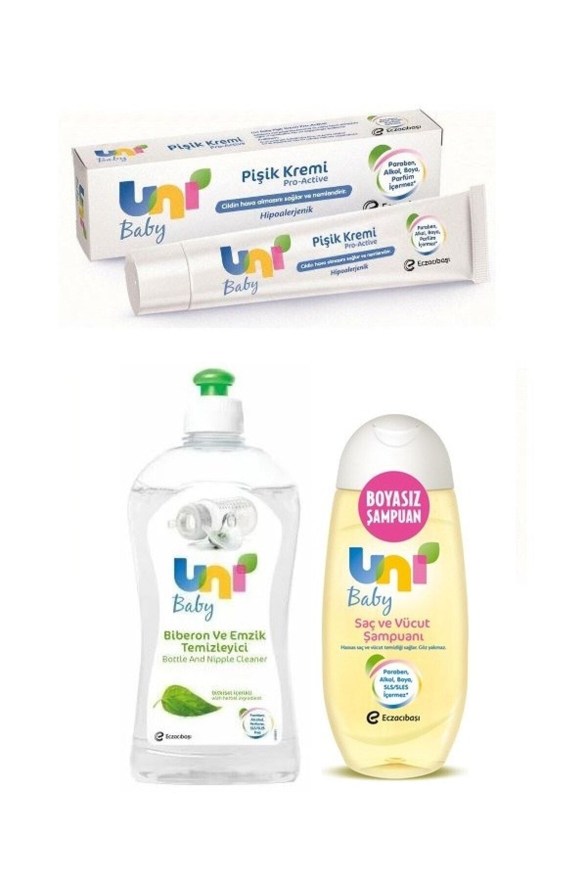 Uni Baby Paraben Içermeyen Biberon Emzik Temizleyici 500 Ml+günlük Kullanıma Uygun Şampuan+pişik Kremi